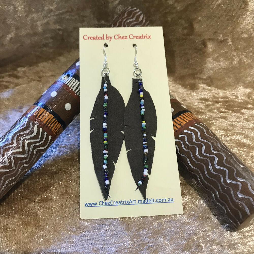 Brown Leather Feather Earrings with Beads