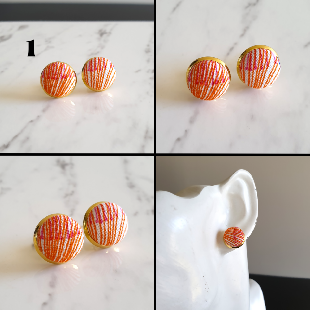 1.4cm Round Colourful Line cotton fabric Gold colour Cabochon stud earrings