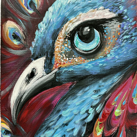 Vivian the peacock, acrylic on paper 30x42cm, signed