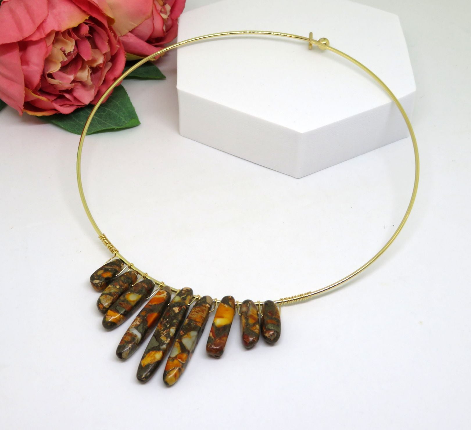 Bohemian Orange Earth Tones Wire Wrapped Gold Choker Necklace