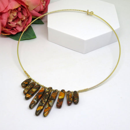 Bohemian Orange Earth Tones Wire Wrapped Gold Choker Necklace