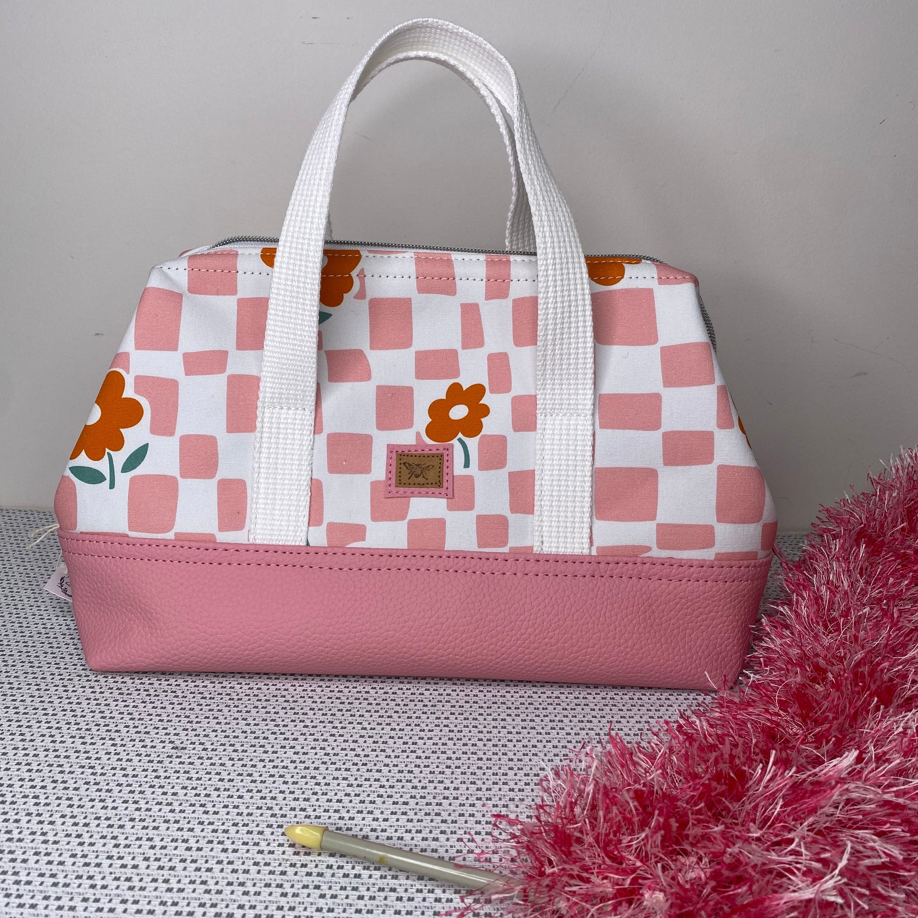 Project Bag - Pink & White Check with Orange Flowers and a Pink Faux Leather Base