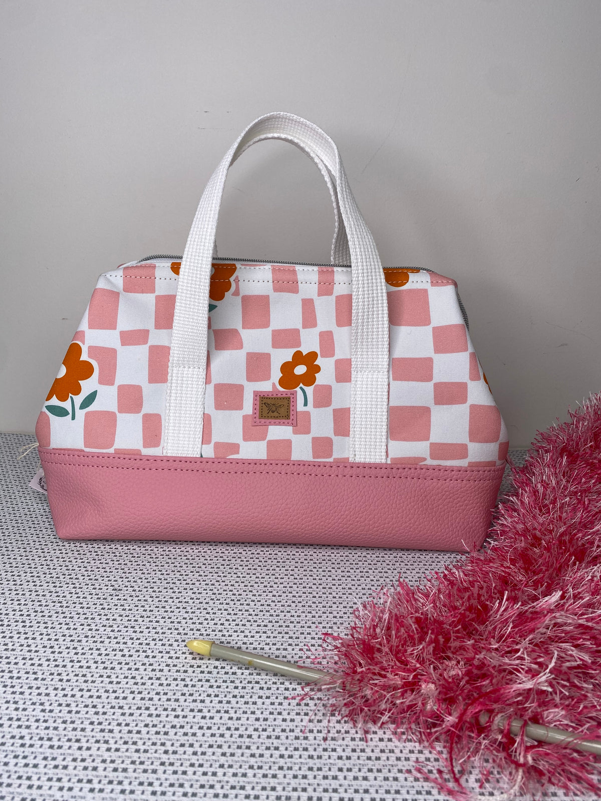 Project Bag - Pink & White Check with Orange Flowers and a Pink Faux Leather Base