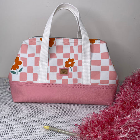 Project Bag - Pink & White Check with Orange Flowers and a Pink Faux Leather Base