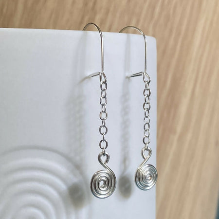 Silver spiral on fine chain dangle earrings