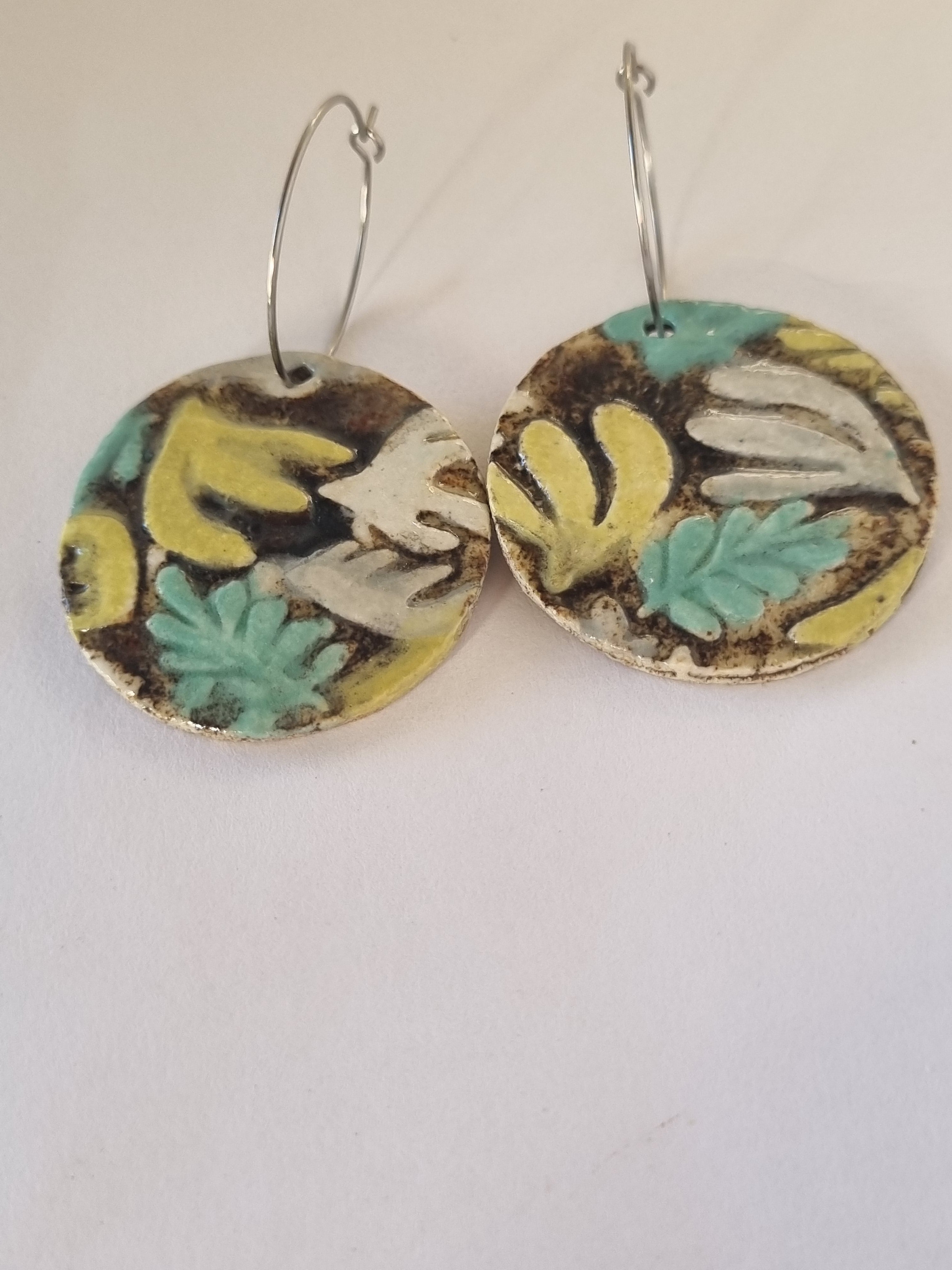 Handmade Stoneware Ceramic Earrings, chartreuse-green-black-white multi-coloured, 35mm diameter, pierced ears