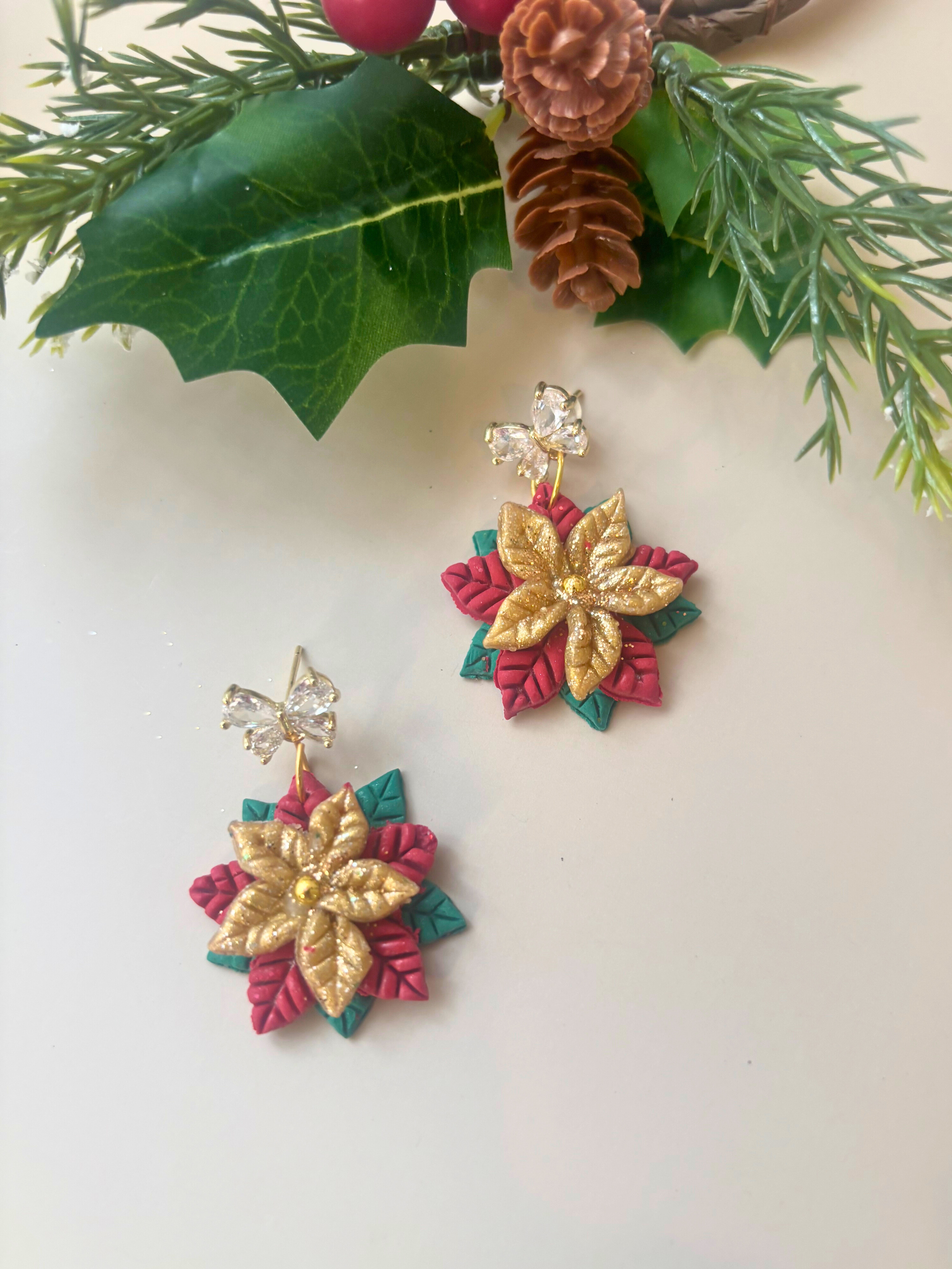 Traditional Poinsettia Christmas Earrings – Polymer Clay (Multiple Findings Available)