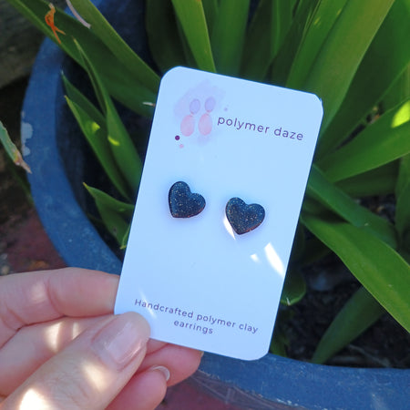 Black Glitter heart stud earrings