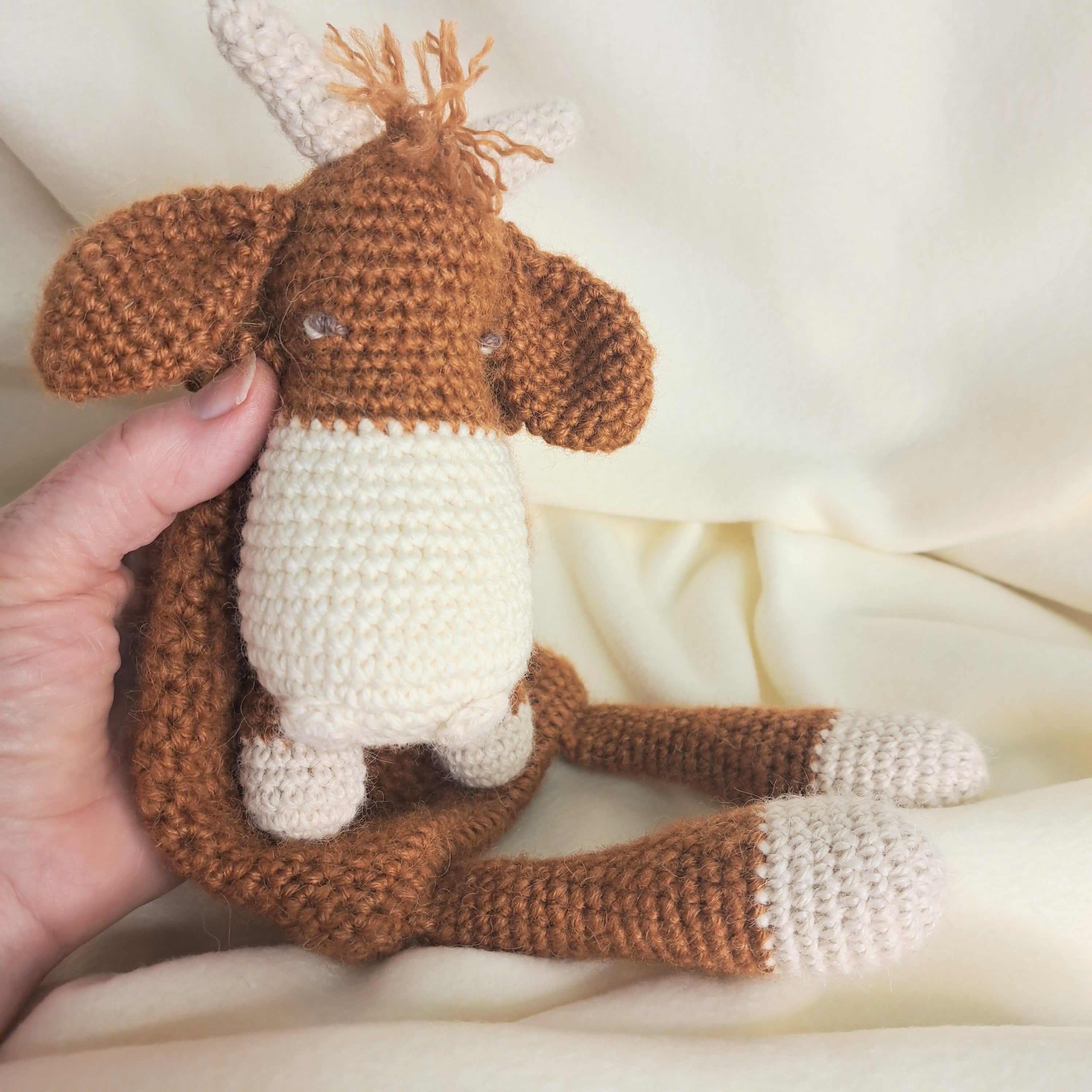 Handmade crochet Highland cow snuggler, Australian wool, alpaca, silk