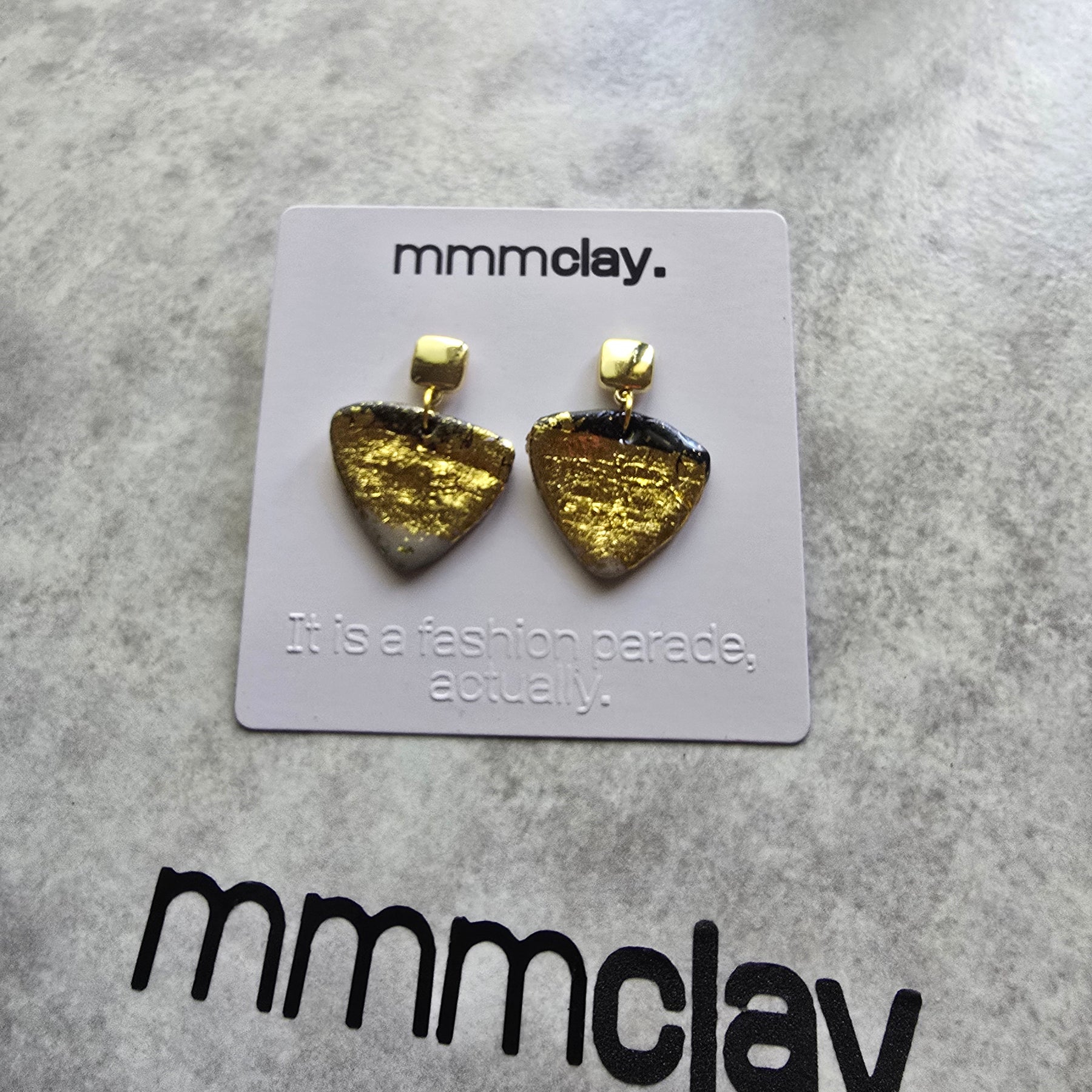 Black and Gold Geometric Triangle Polymer Clay Earrings | 9K Gold Plated