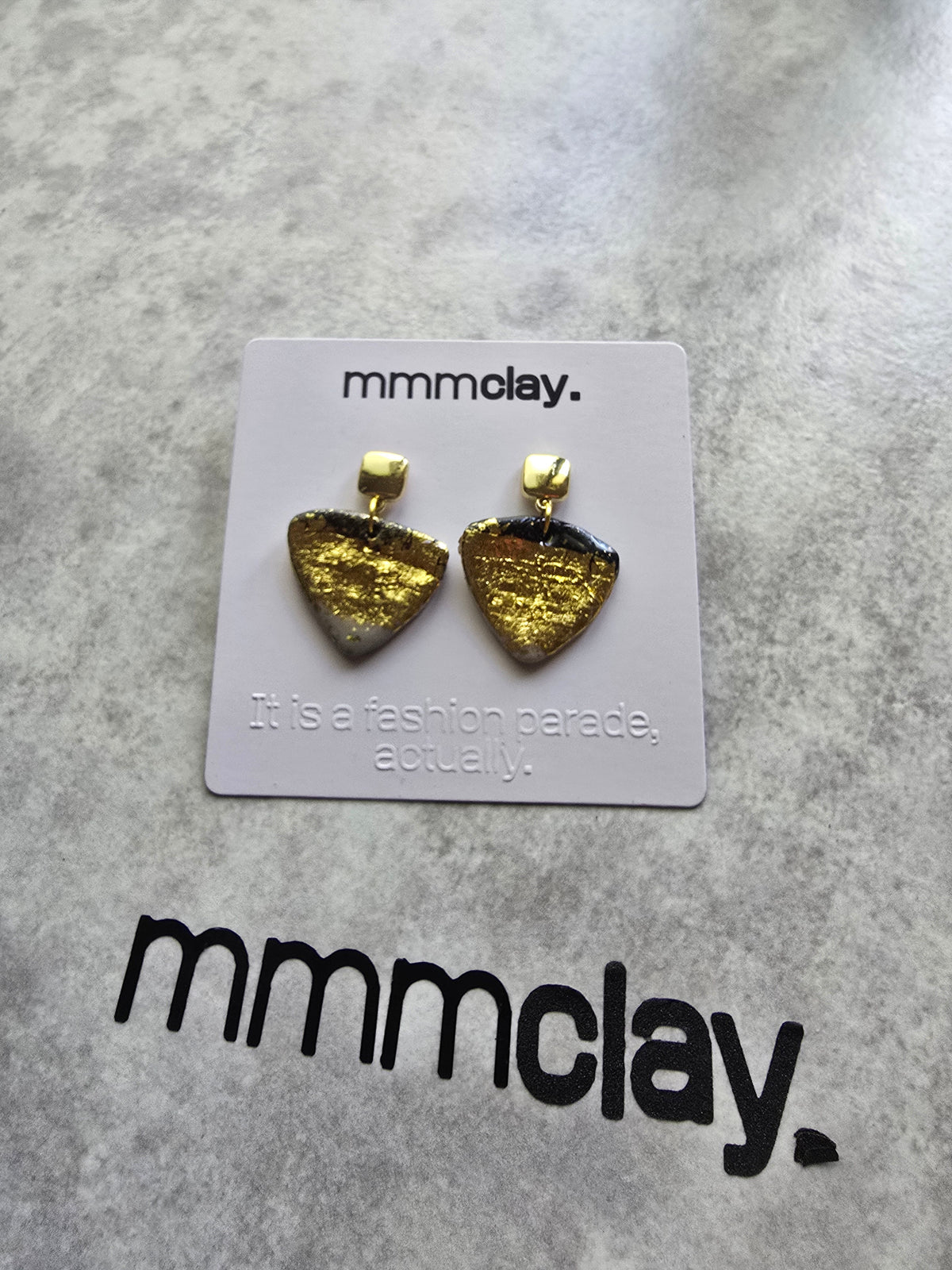 Black and Gold Geometric Triangle Polymer Clay Earrings | 9K Gold Plated