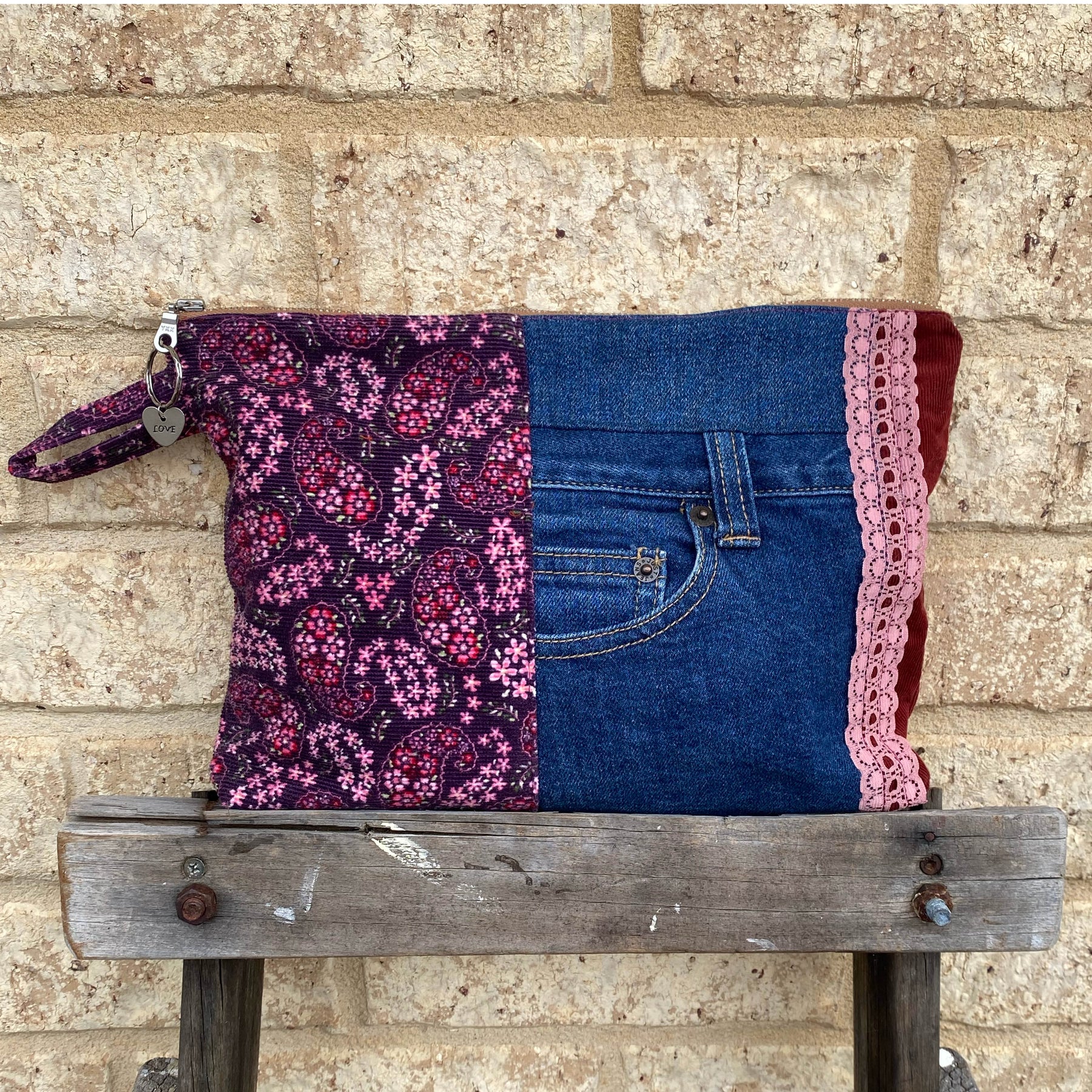 Paisley Pouch Cosmetic Everyday Bag Upcycled Vintage Fabrics & Denim