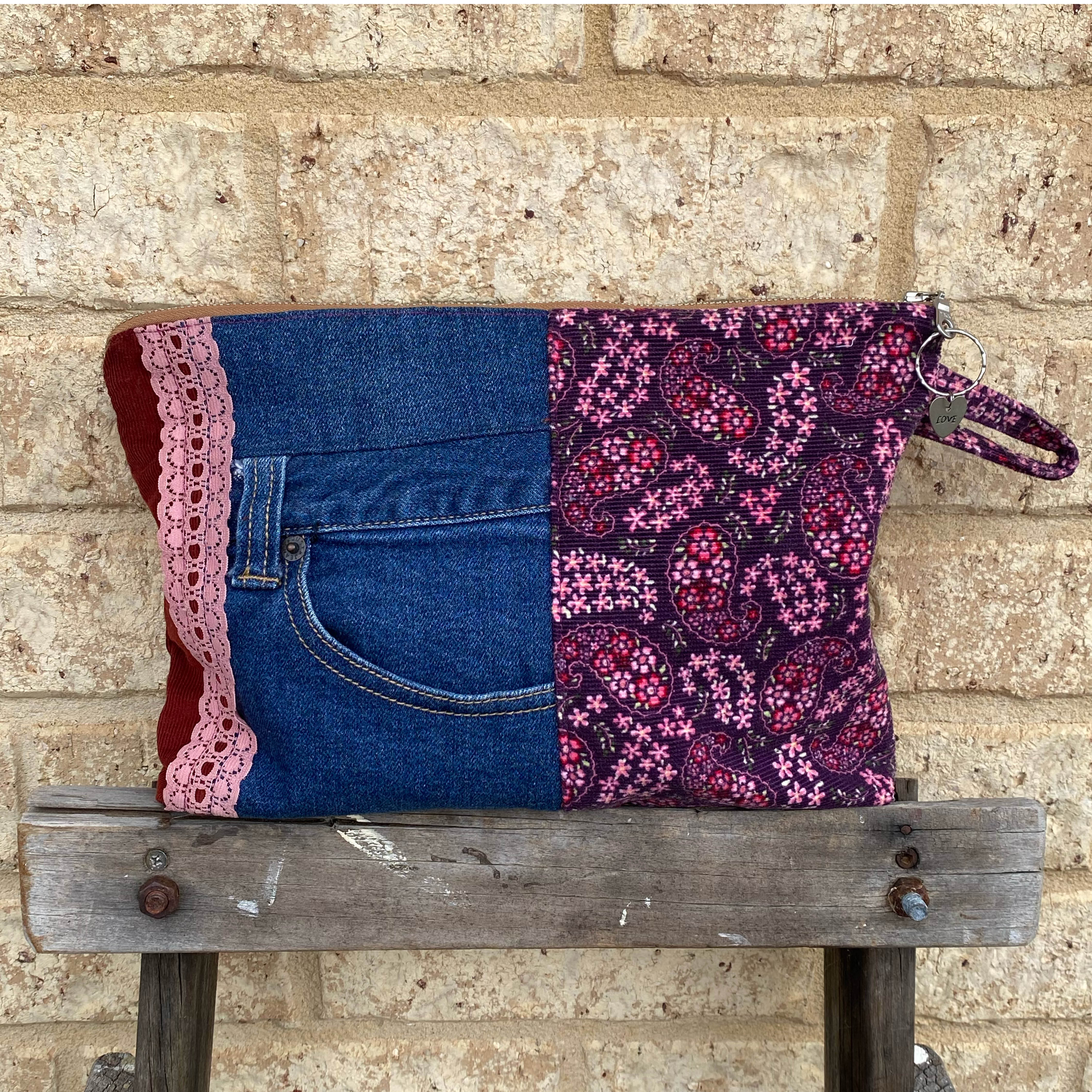 Paisley Pouch Cosmetic Everyday Bag Upcycled Vintage Fabrics & Denim