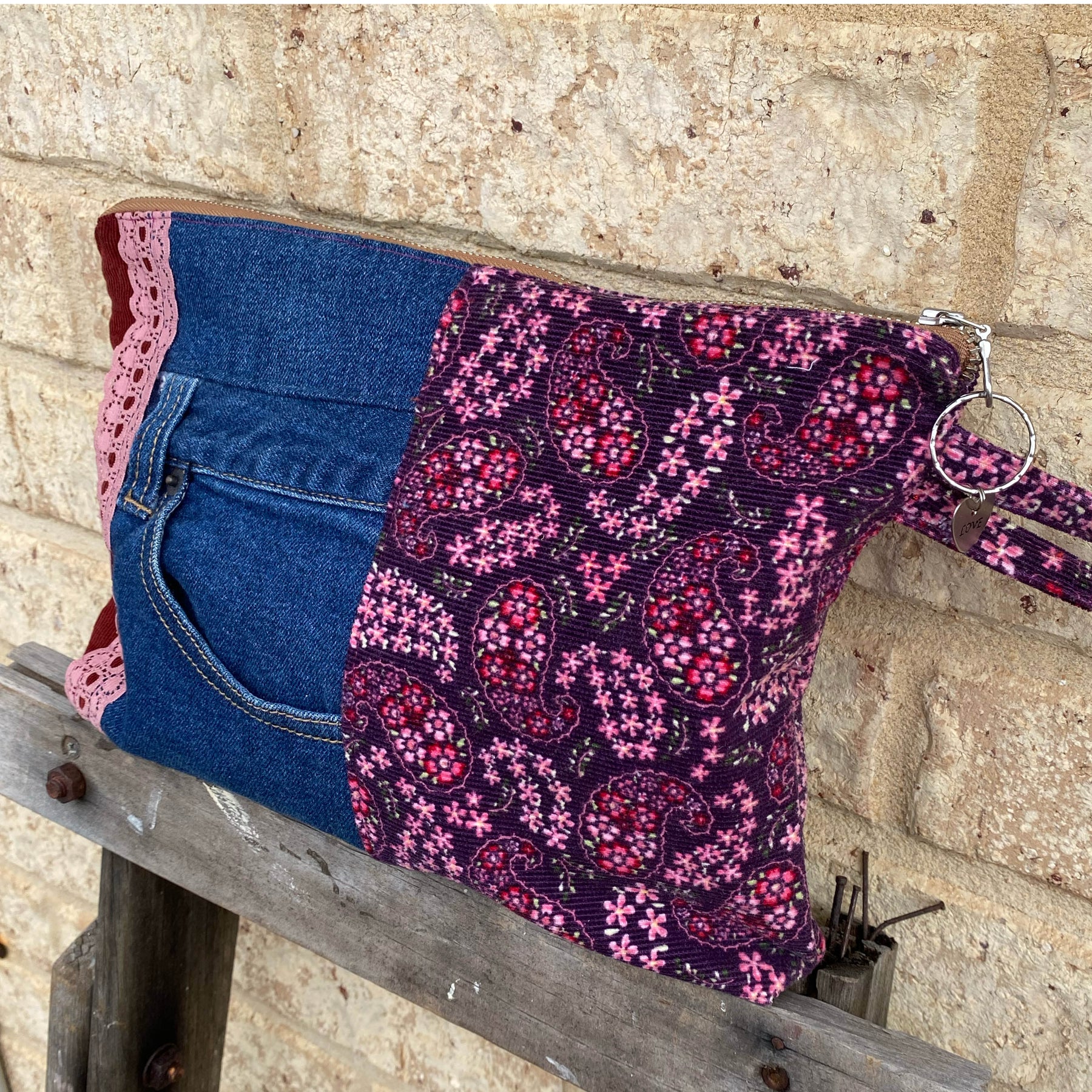Paisley Pouch Cosmetic Everyday Bag Upcycled Vintage Fabrics & Denim