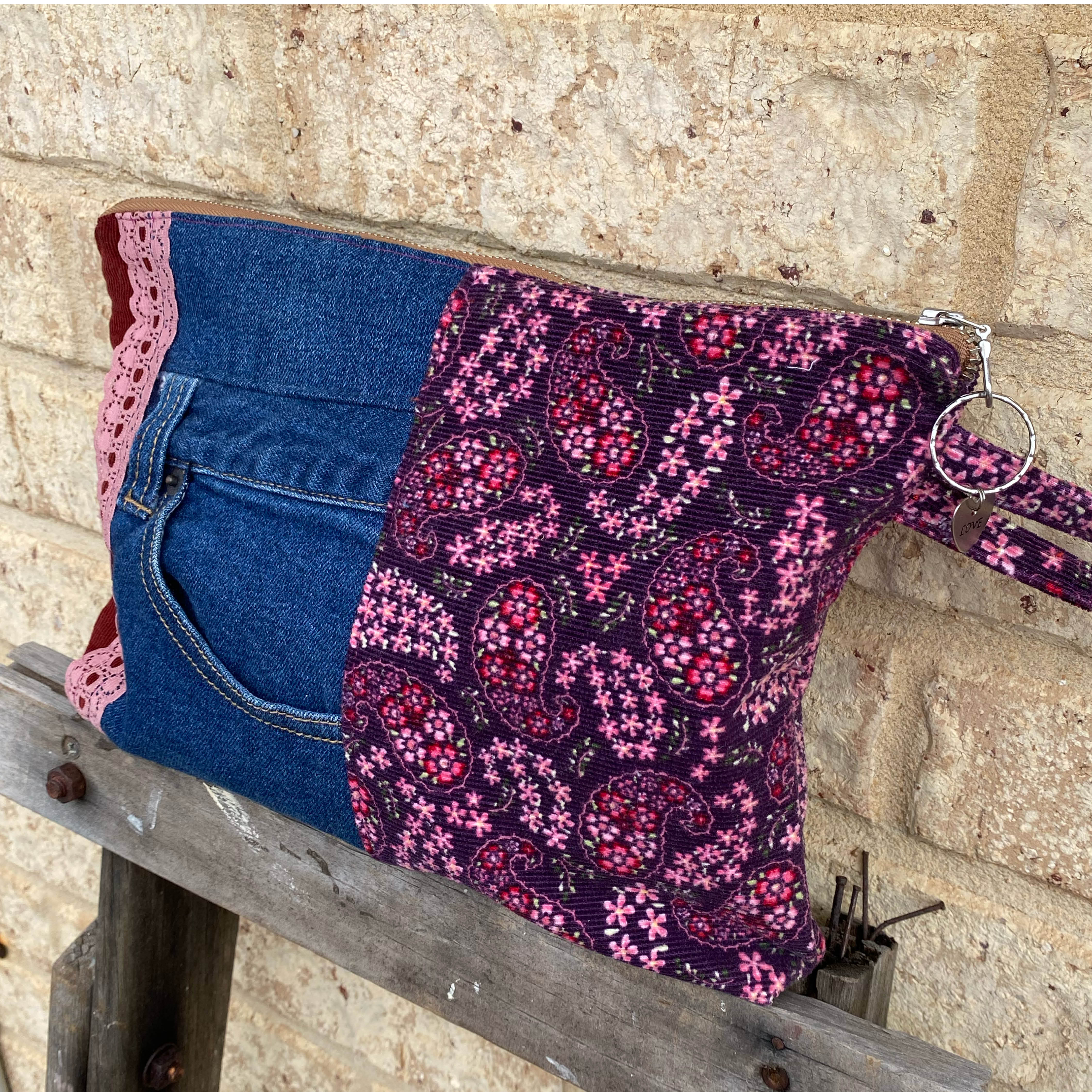 Paisley Pouch Cosmetic Everyday Bag Upcycled Vintage Fabrics & Denim