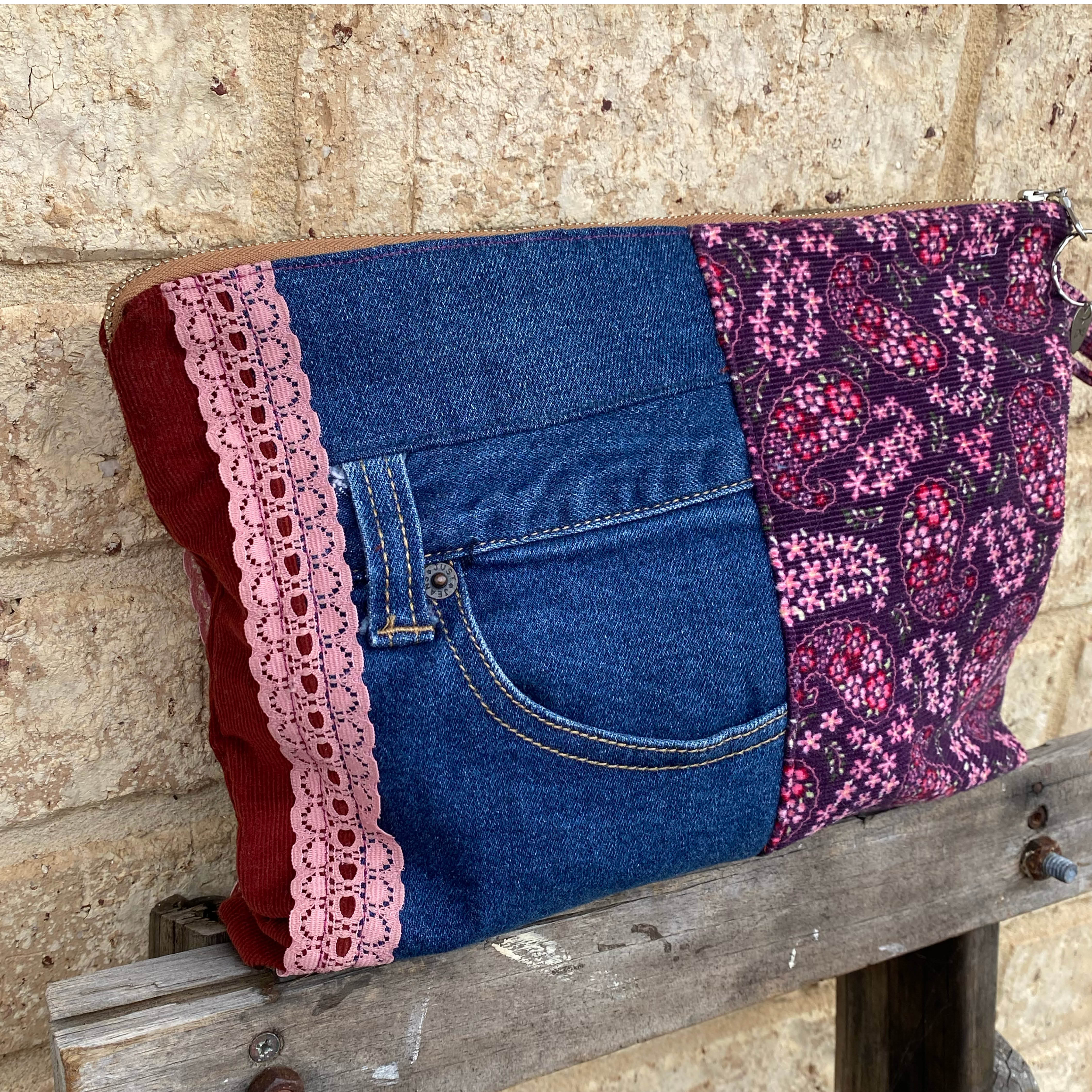 Paisley Pouch Cosmetic Everyday Bag Upcycled Vintage Fabrics & Denim