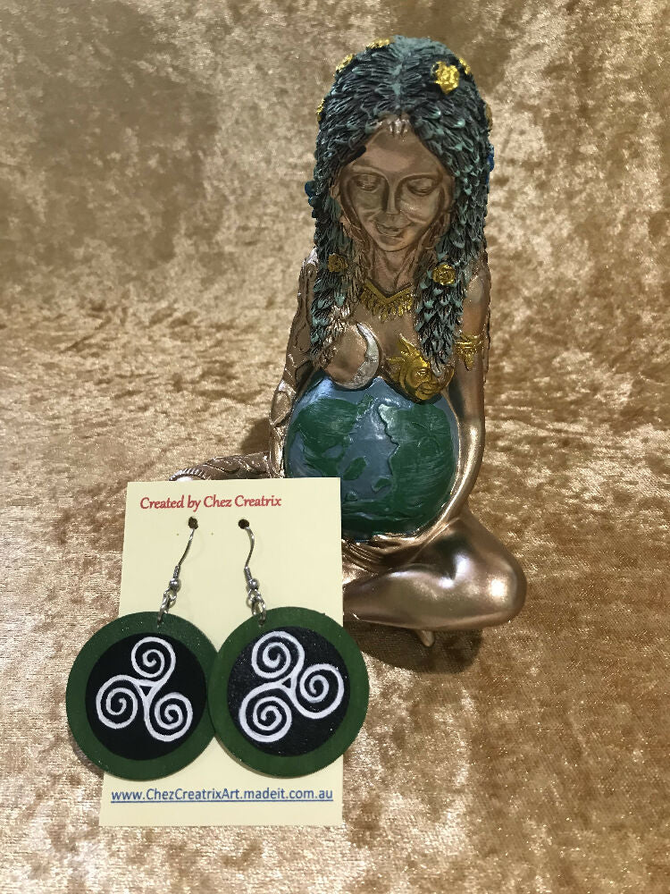 Hand Painted Wooden Earrings with Triple Spiral