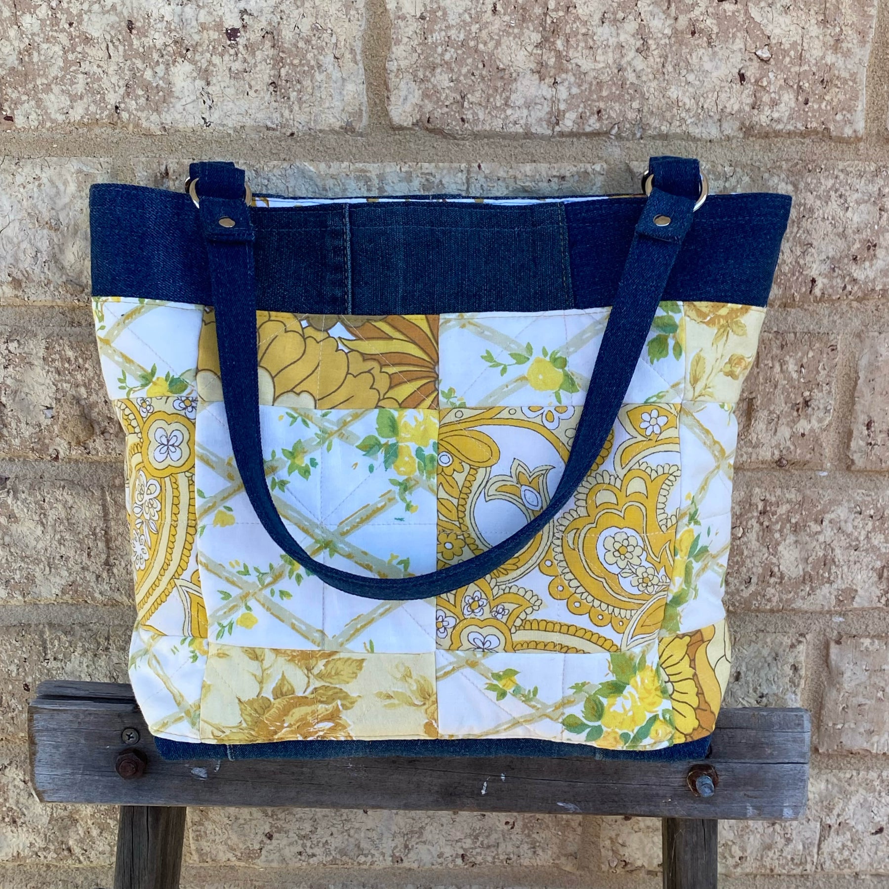 Quilted Sunshine Handmade Tote Bag Upcycled Vintage Fabrics & Denim