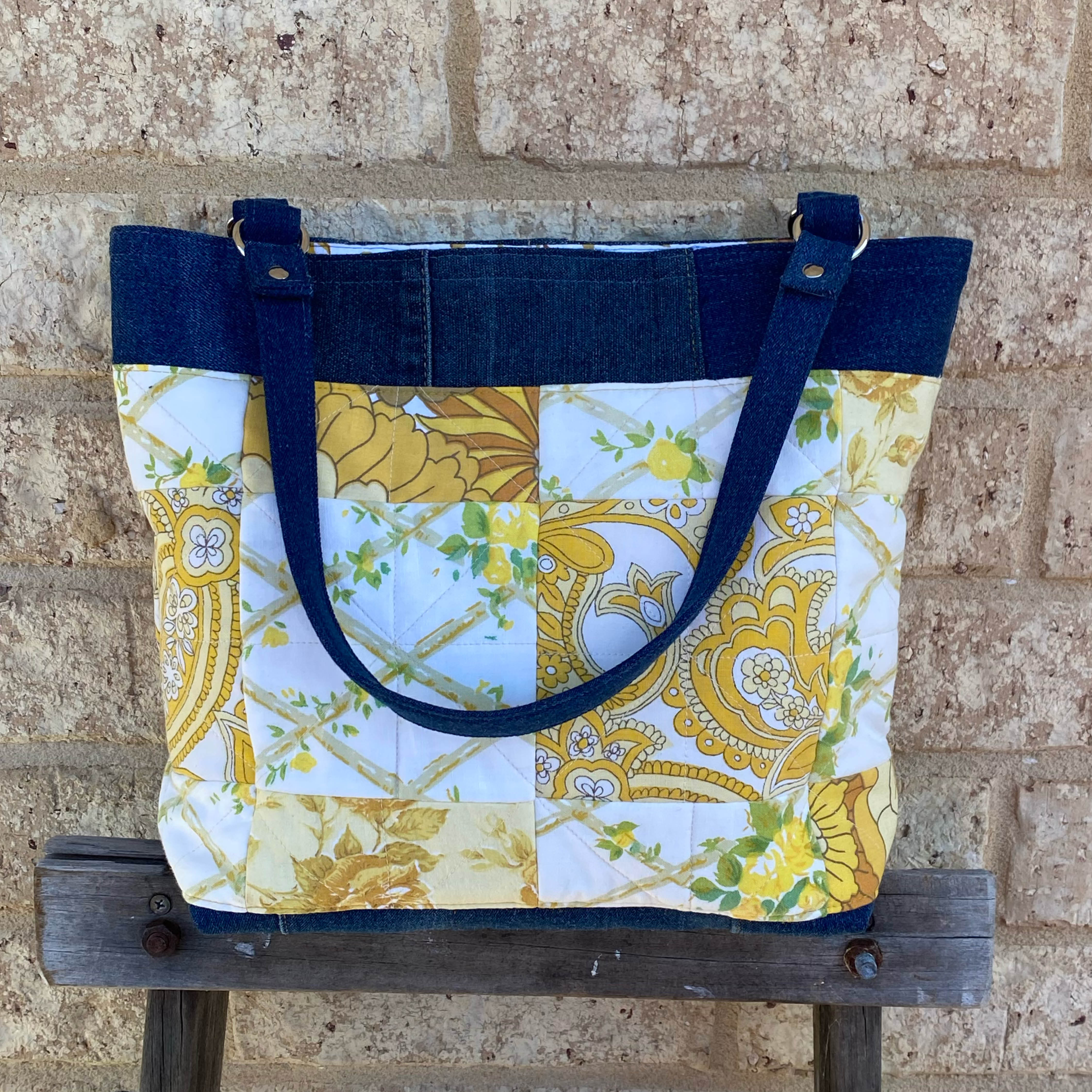 Quilted Sunshine Handmade Tote Bag Upcycled Vintage Fabrics & Denim