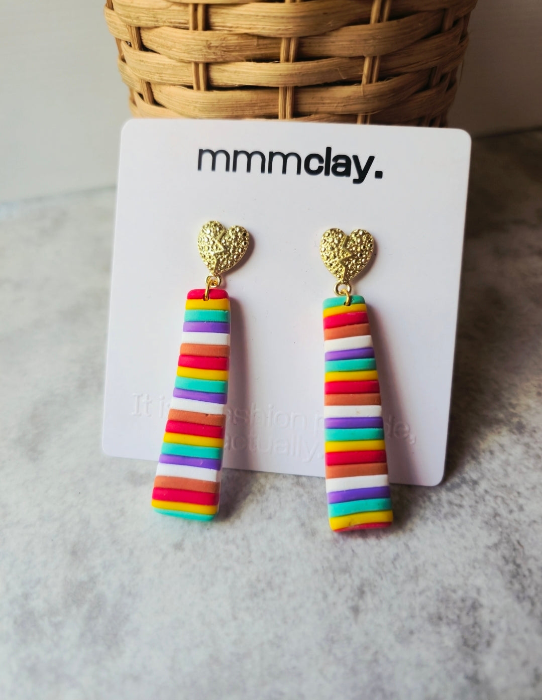Rainbow Striped Heart Drop Earrings | Handmade Polymer Clay