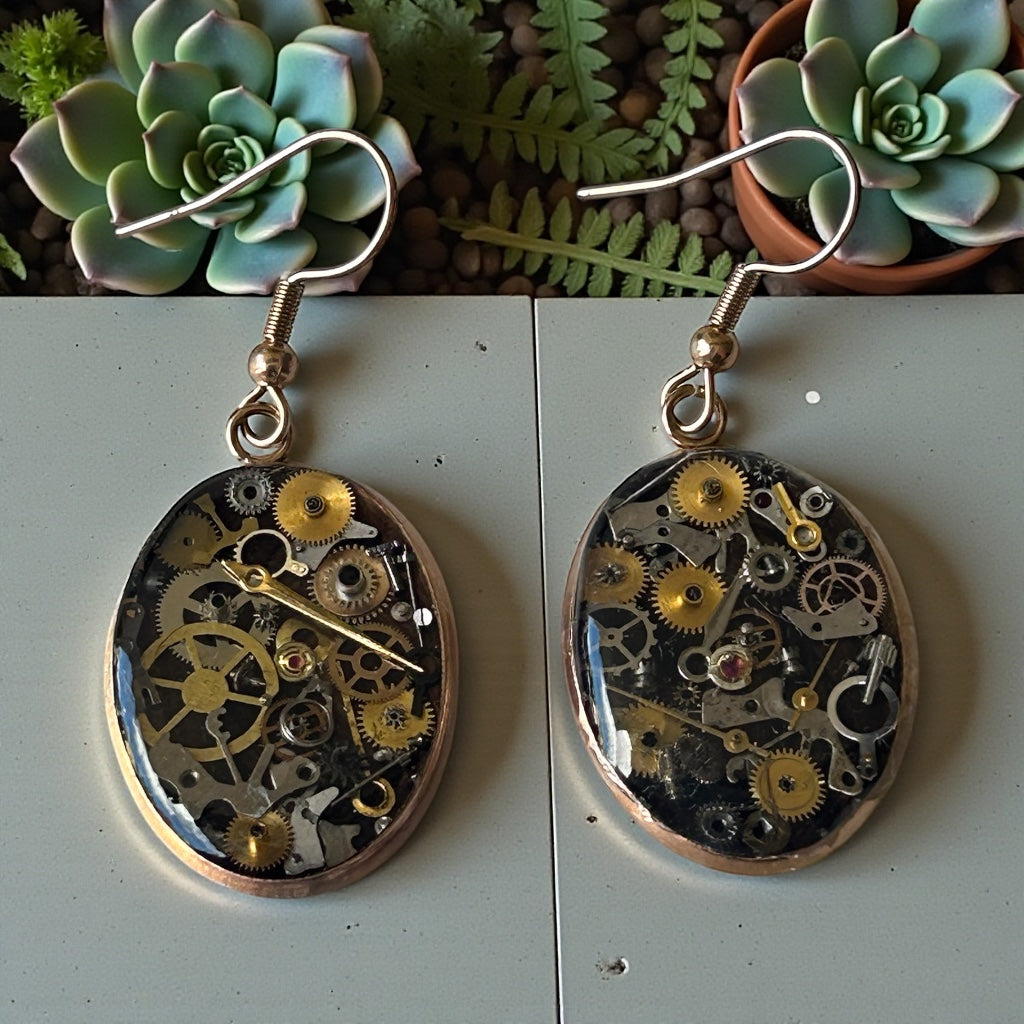 Steampunk watch parts rose gold oval earrings