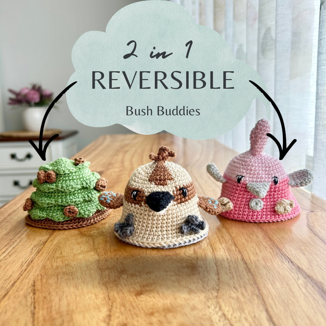 Bush Buddies | Reversible Australian Animal Crochet Toy | Galah | Cockatoo | Kookaburra | Koala | Gum Tree