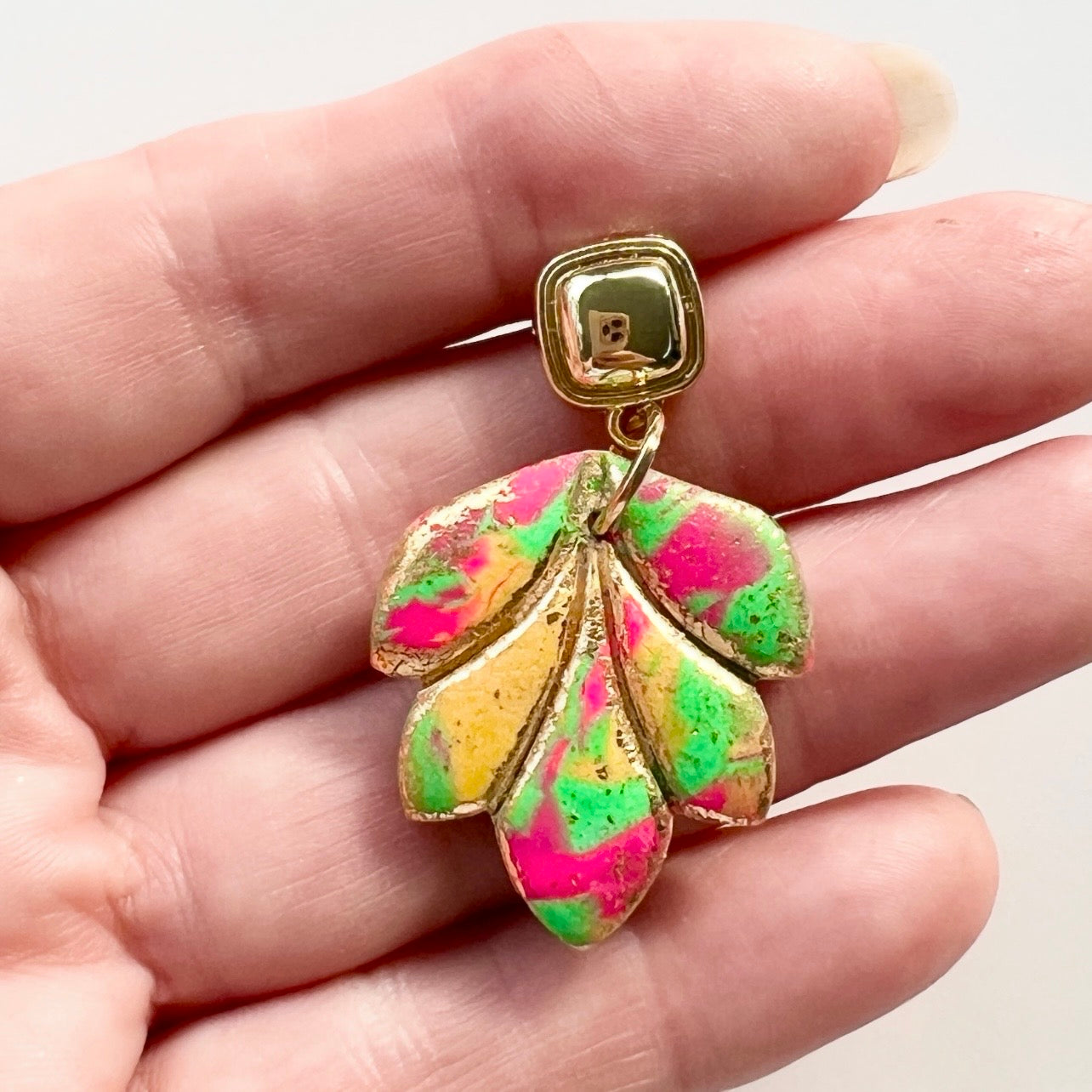 Earrings ~ Green ~ Gold ~ Gold Leaf ~ Polymer Clay