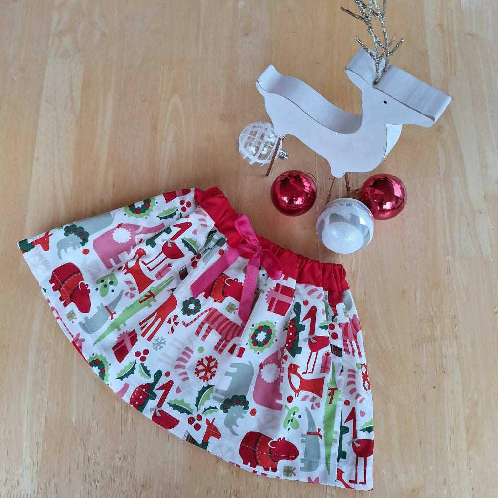 Girls Christmas Skirt & Bib Set | Size 1 |Christmas Animal Print