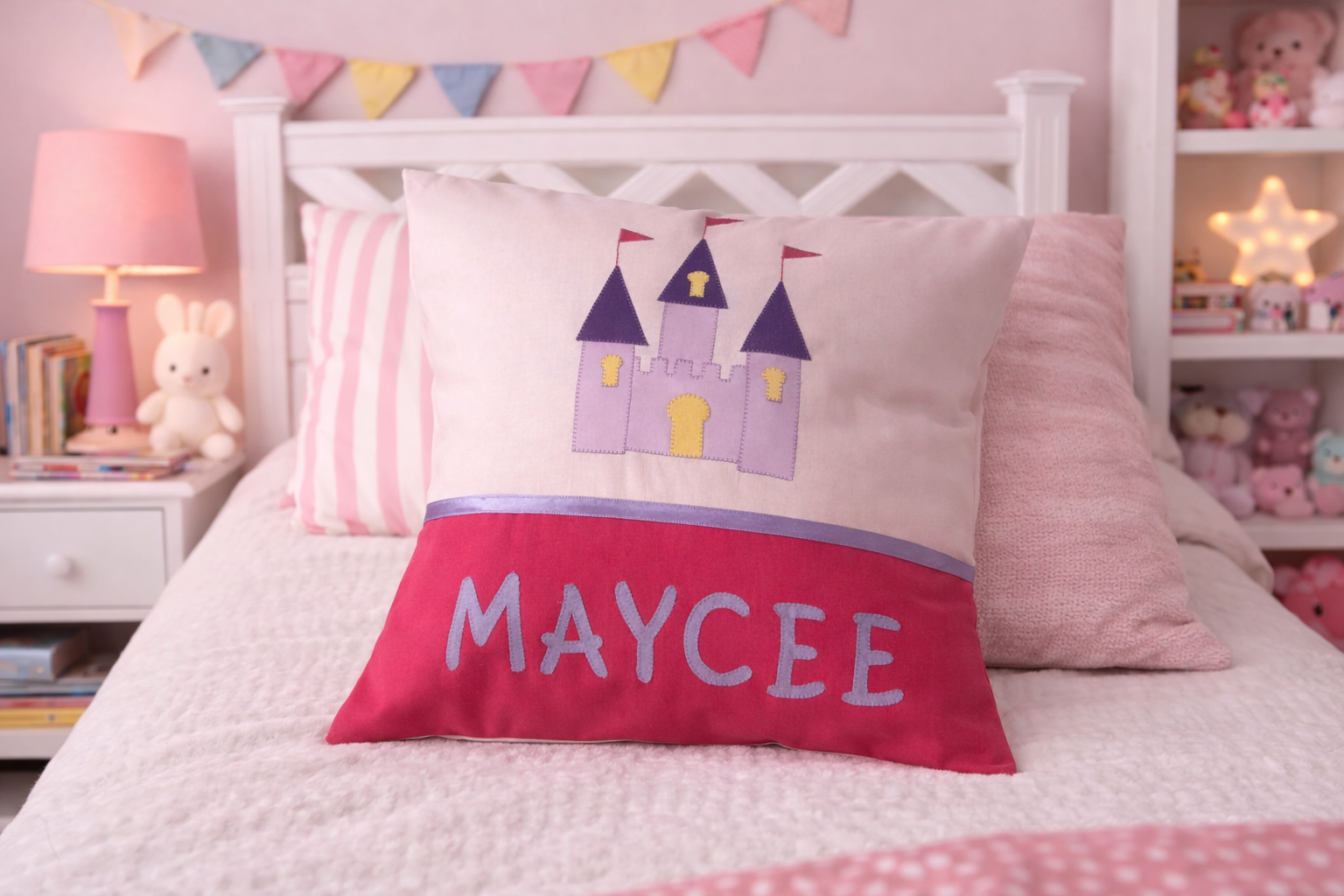 Personalised Kids Cushion | Custom Name Pillow | Handmade Applique Cushion | Nursery Decor - Princess Castle