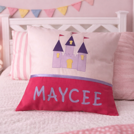 Personalised Kids Cushion | Custom Name Pillow | Handmade Applique Cushion | Nursery Decor - Princess Castle