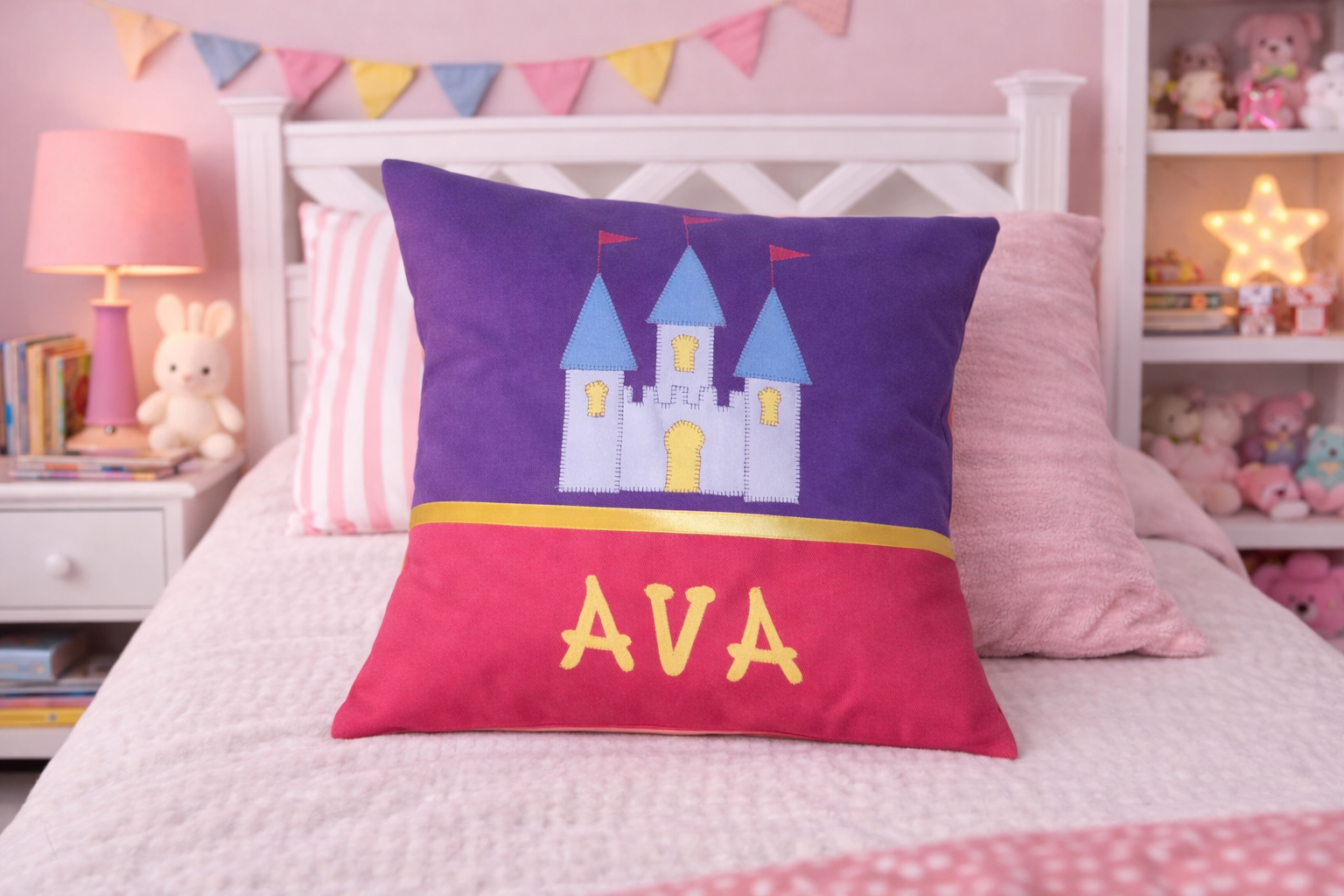 Personalised Kids Cushion | Custom Name Pillow | Handmade Applique Cushion | Nursery Decor - Princess Castle