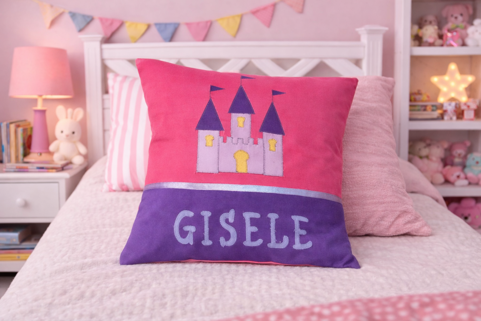 Personalised Kids Cushion | Custom Name Pillow | Handmade Applique Cushion | Nursery Decor - Princess Castle