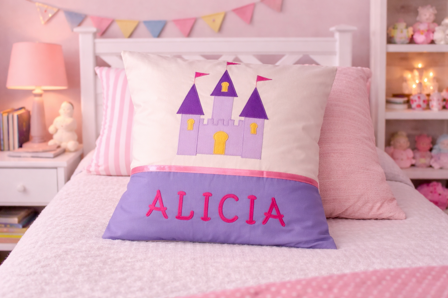 Personalised Kids Cushion | Custom Name Pillow | Handmade Applique Cushion | Nursery Decor - Princess Castle