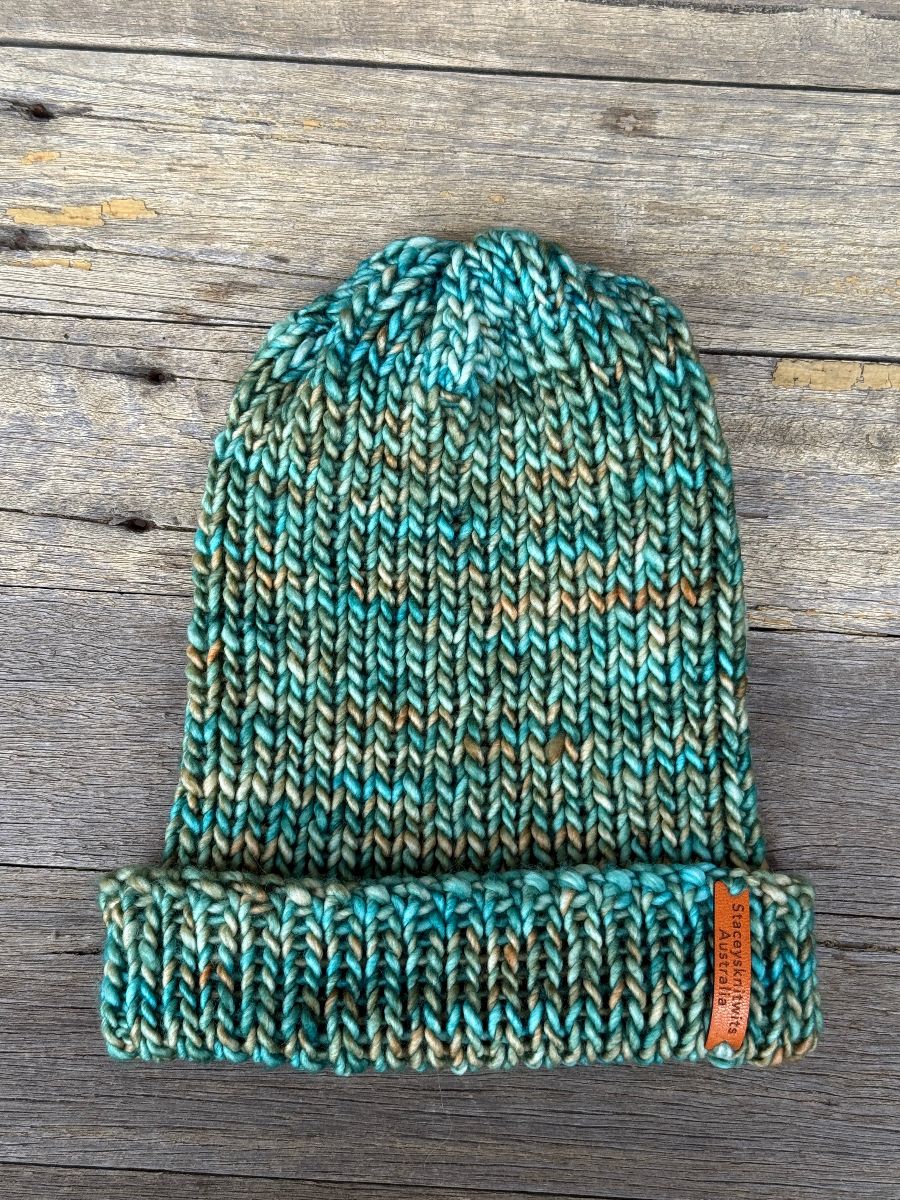 Unisex merino beanie, Green flecked hand knitted beanie