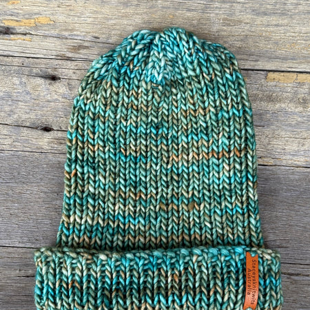 Unisex merino beanie, Green flecked hand knitted beanie