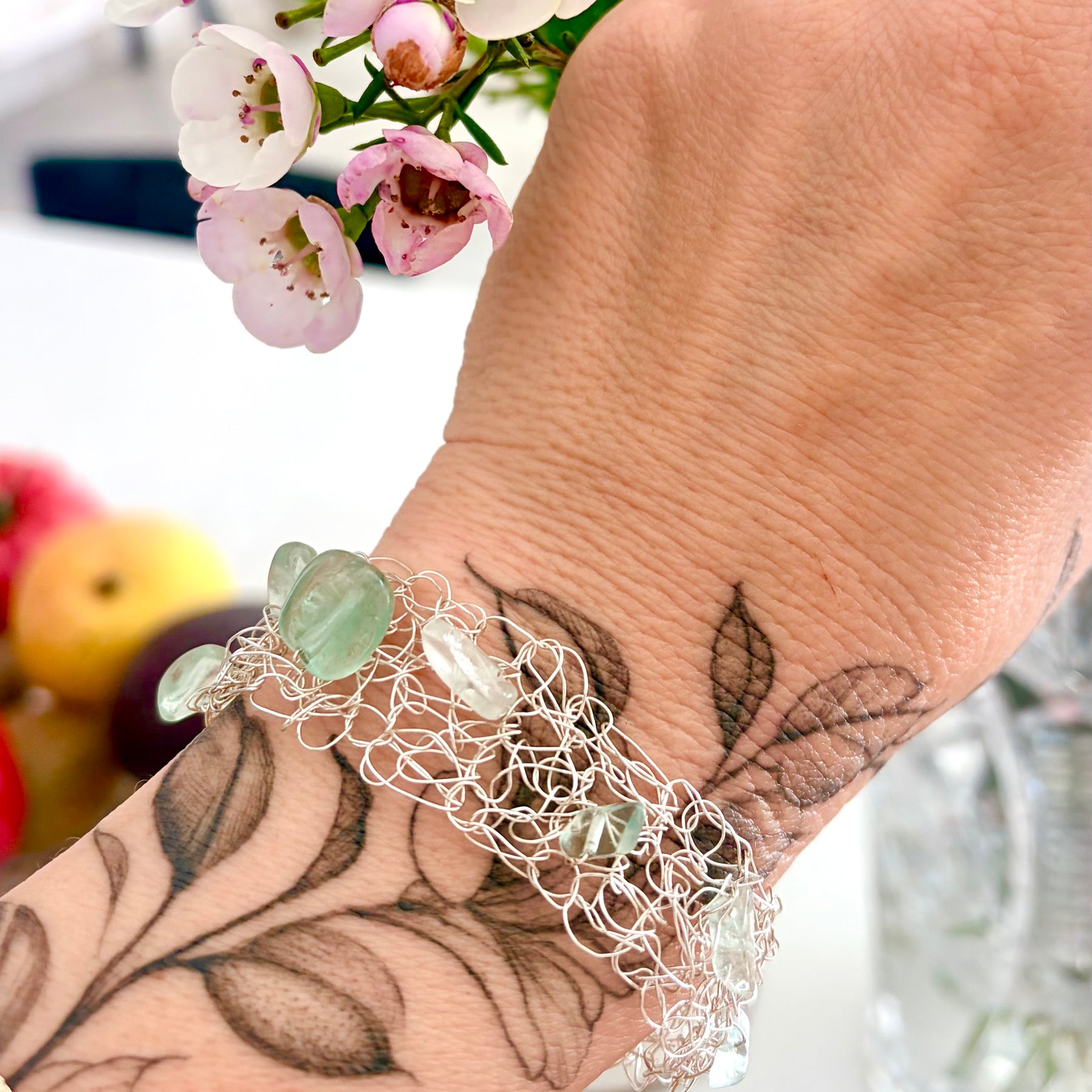 ✨FLUORITE WHISPER✨ Silver-blend crochet bracelet