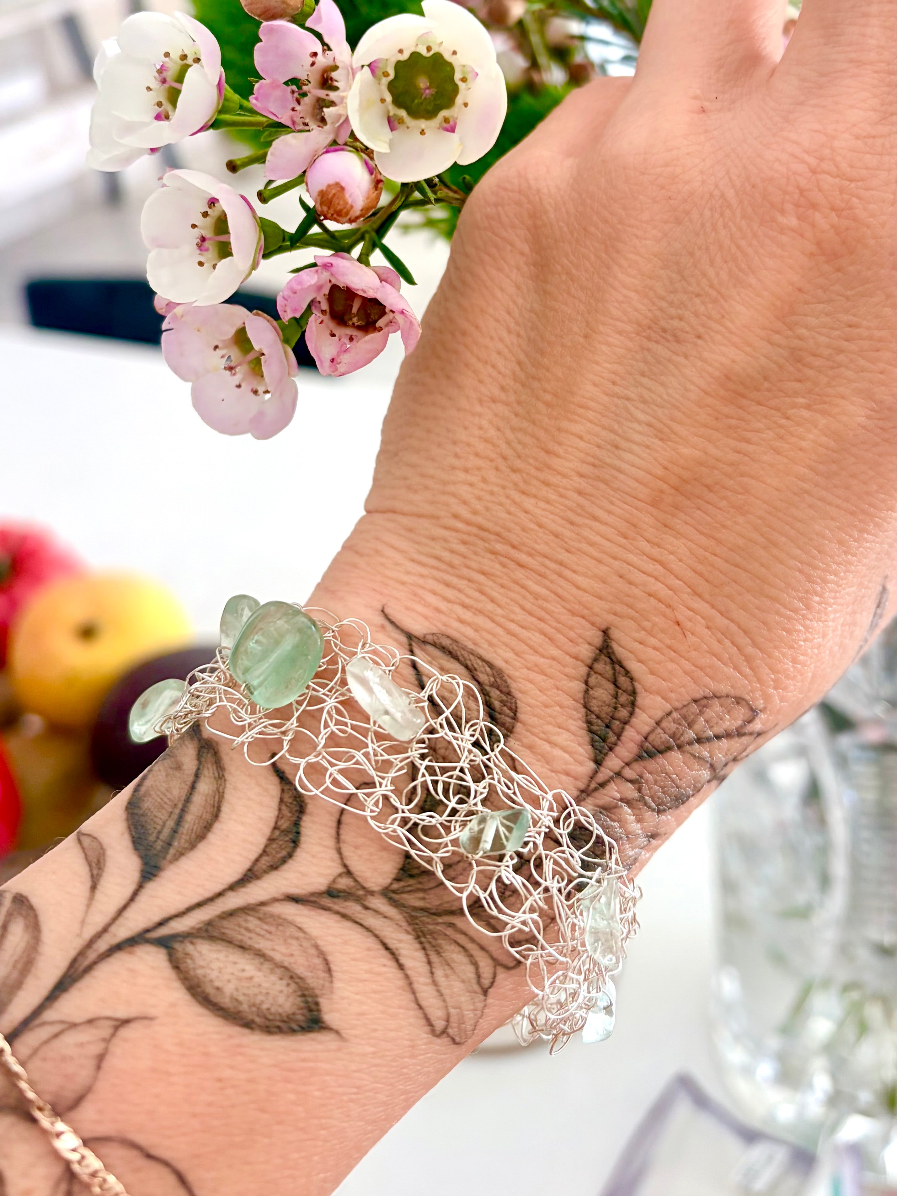 ✨FLUORITE WHISPER✨ Silver-blend crochet bracelet
