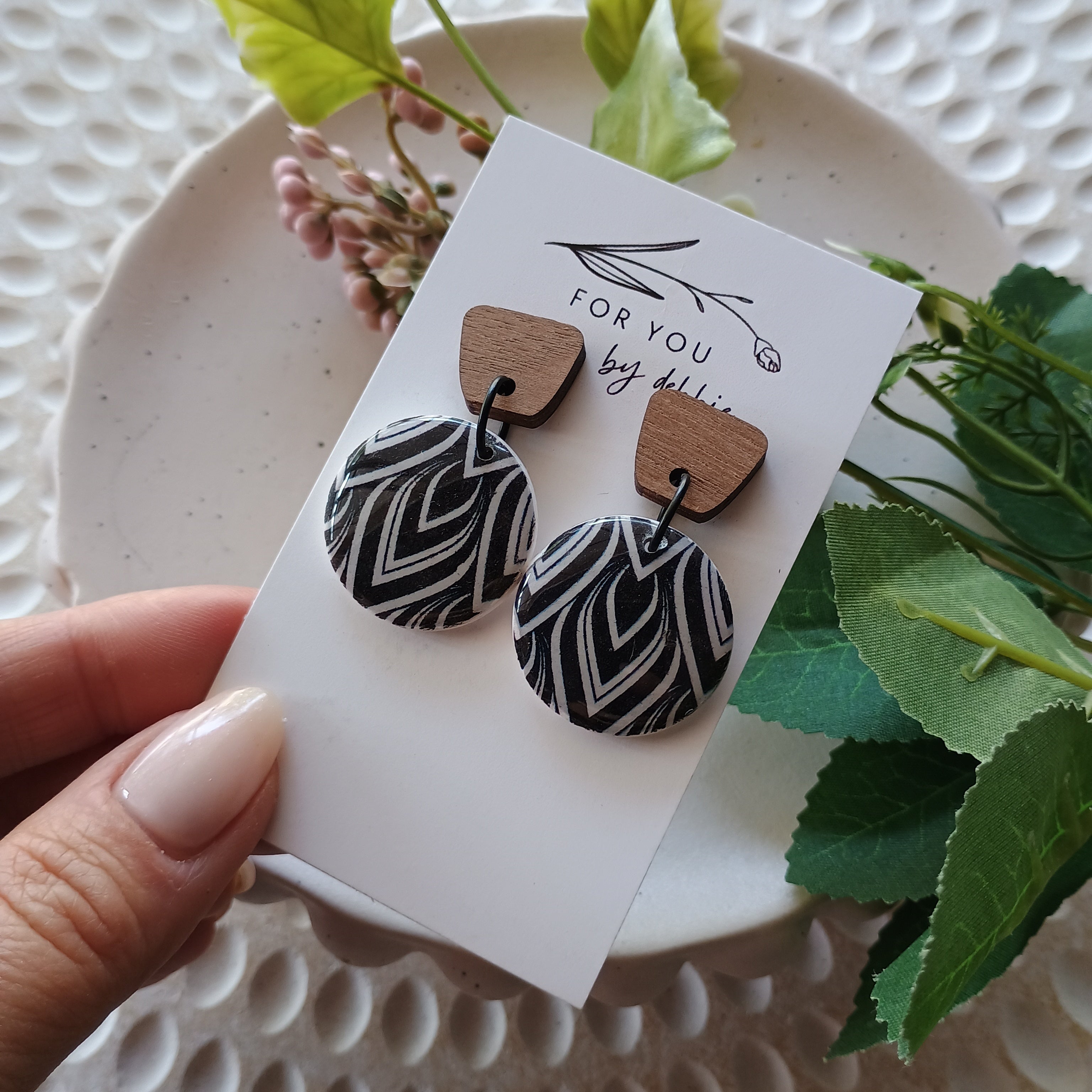 Bree circle shape polymer clay earring- wood stud