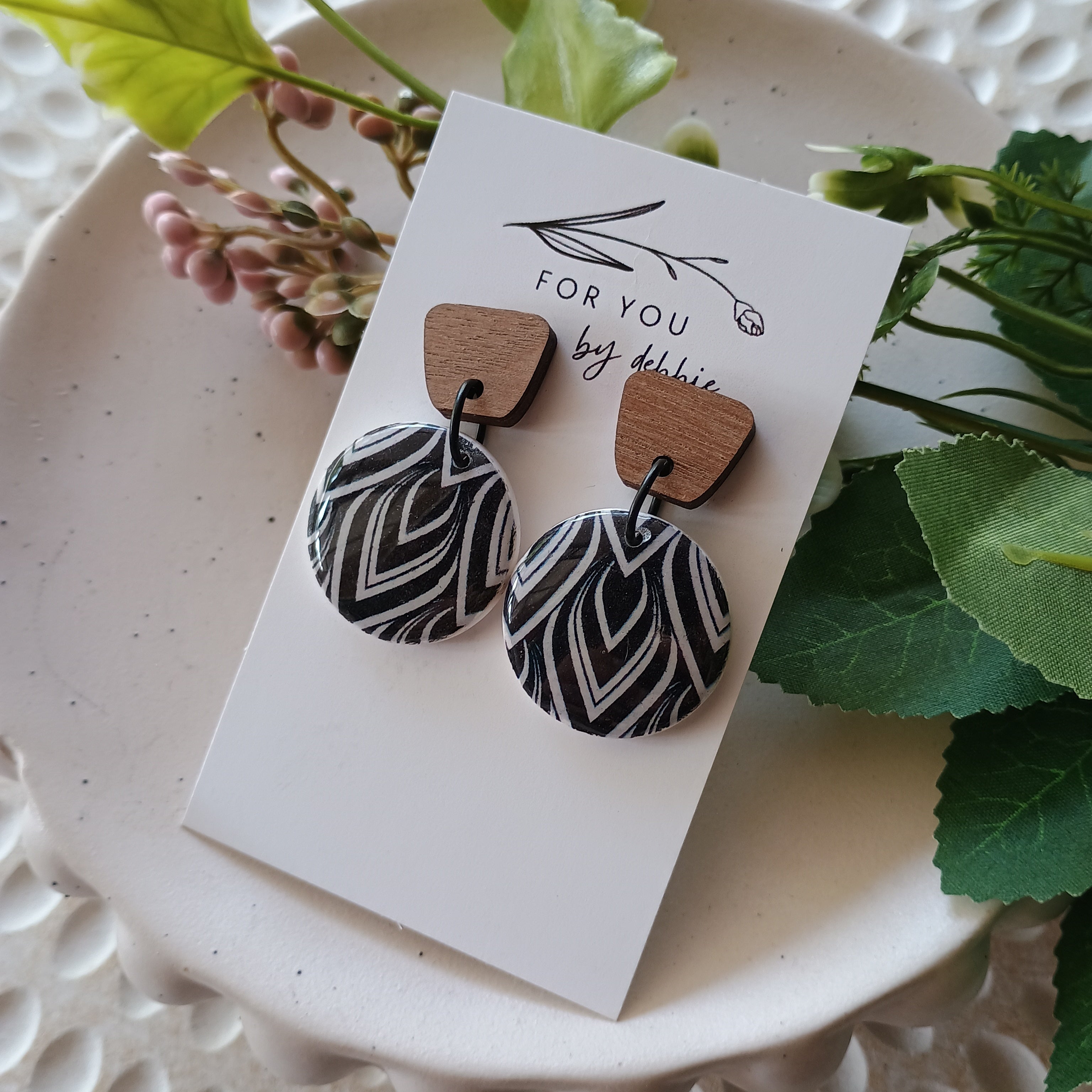 Bree circle shape polymer clay earring- wood stud
