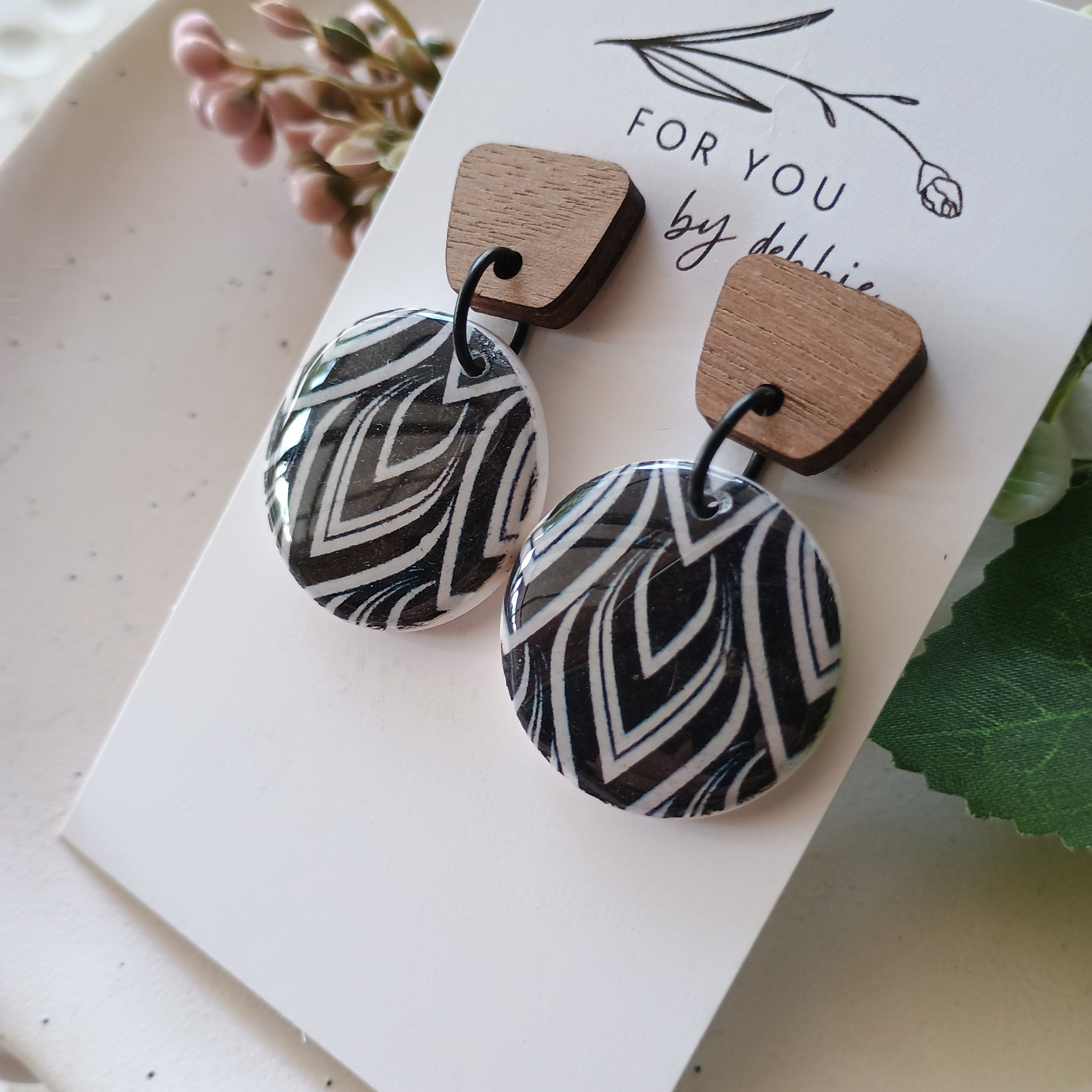 Bree circle shape polymer clay earring- wood stud