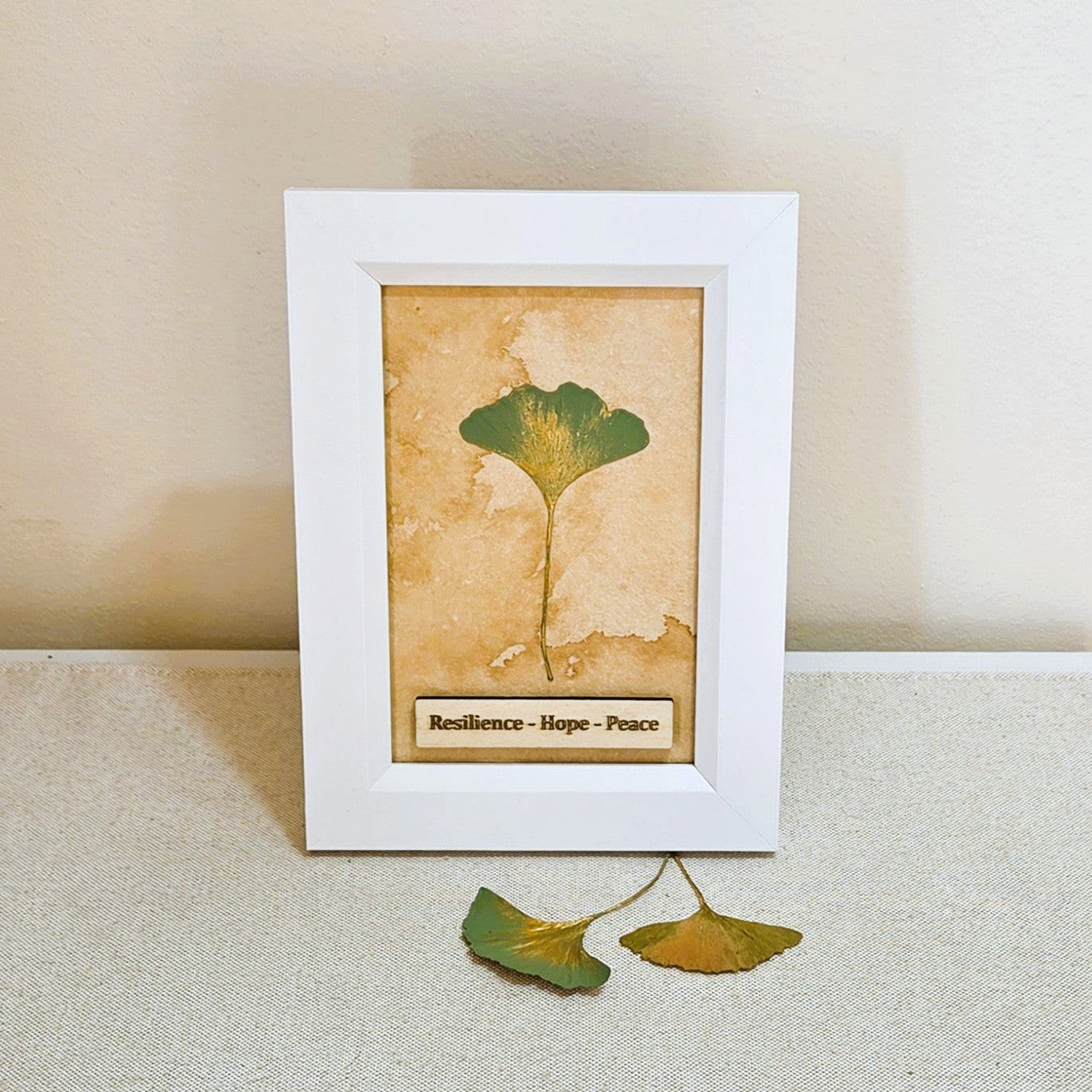 Ginkgo Leaf Art – Resilience • Hope • Peace - White Frame