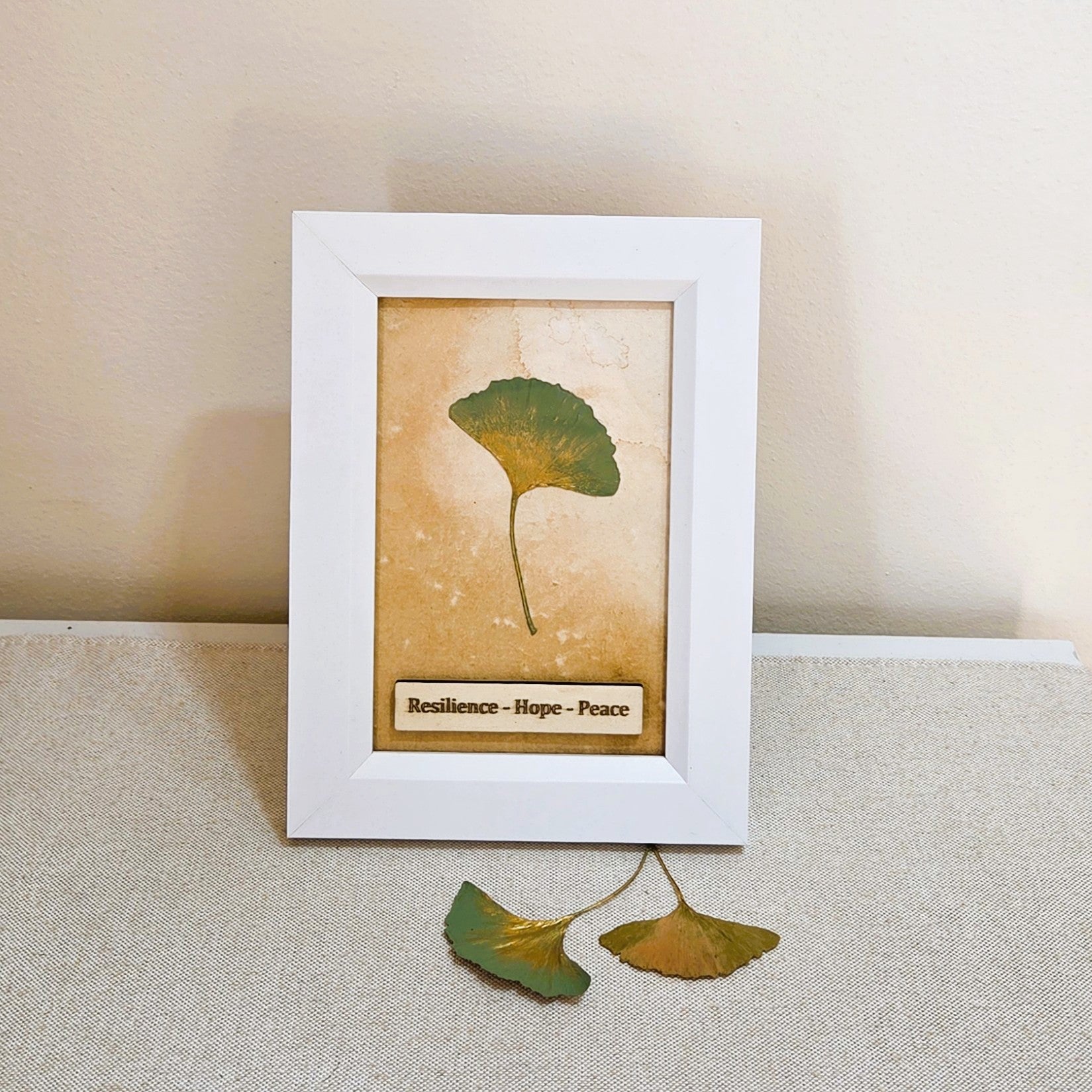 Ginkgo Leaf Art – Resilience • Hope • Peace - White Frame
