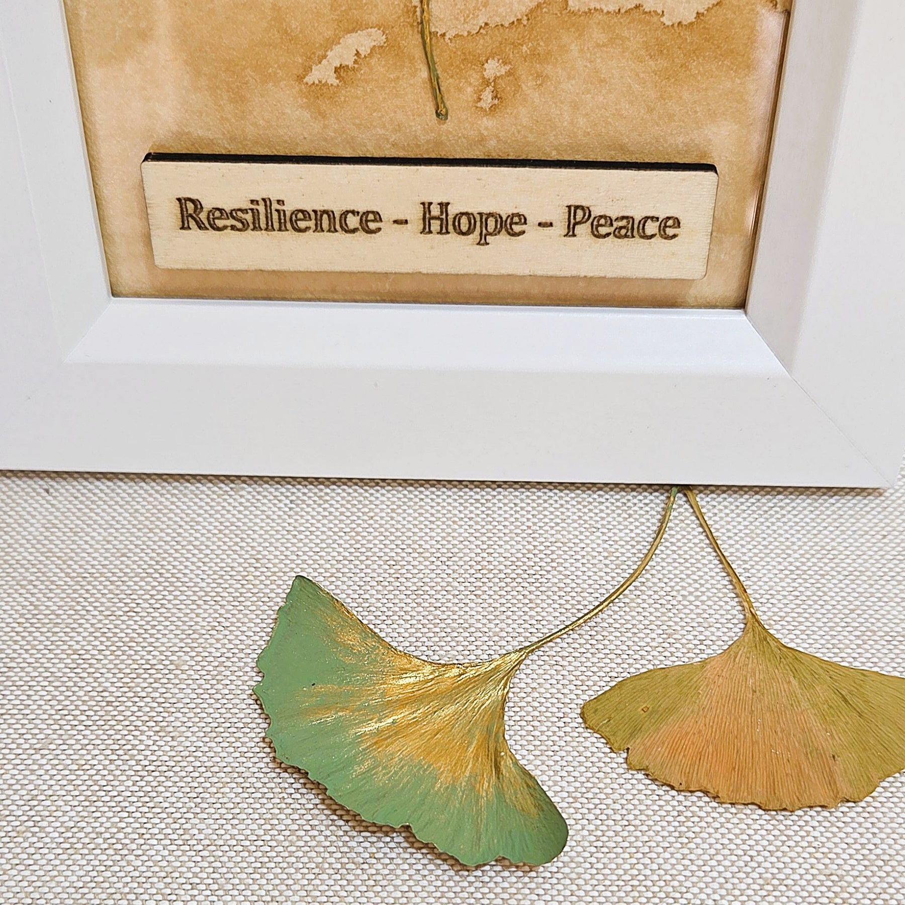 Ginkgo Leaf Art – Resilience • Hope • Peace - White Frame