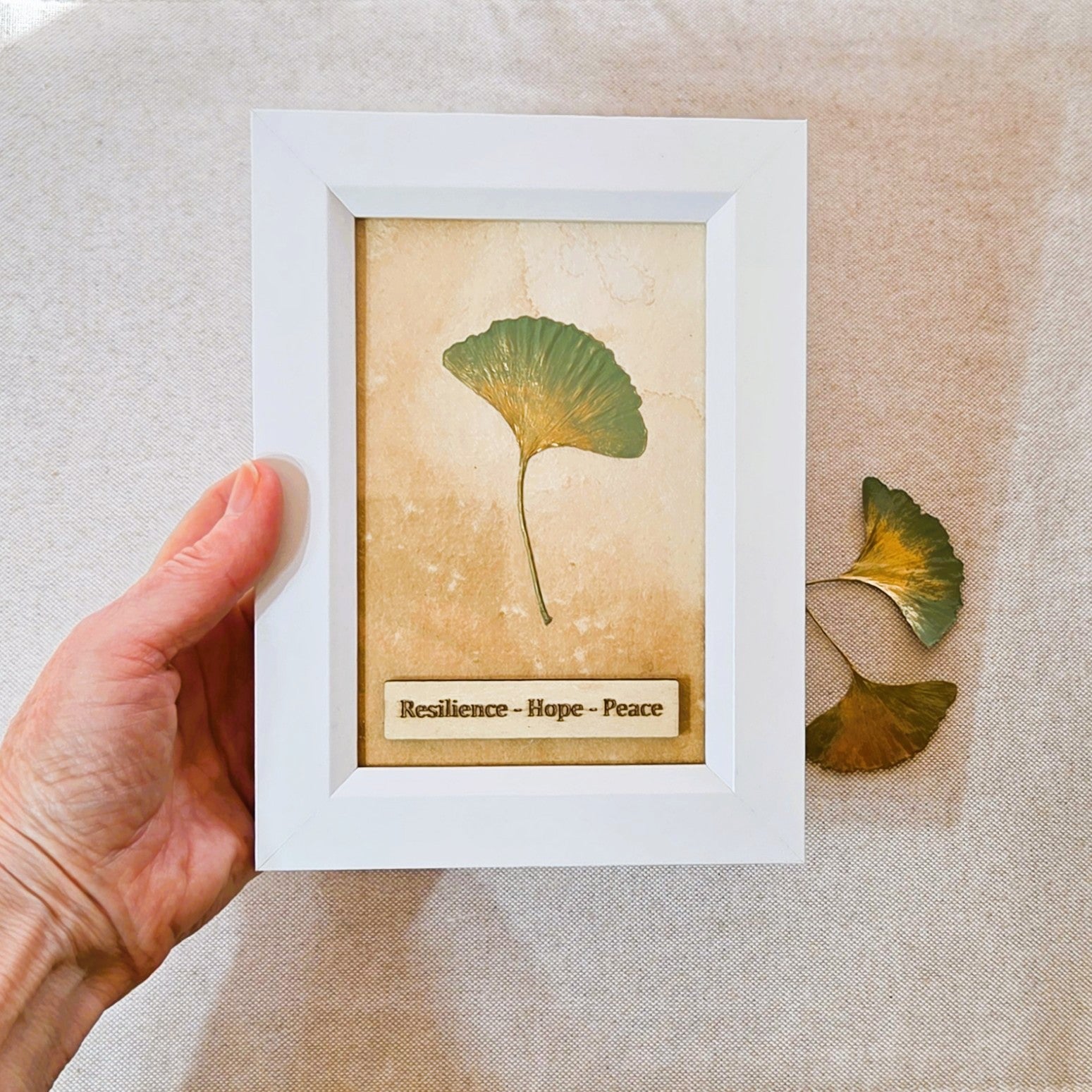 Ginkgo Leaf Art – Resilience • Hope • Peace - White Frame