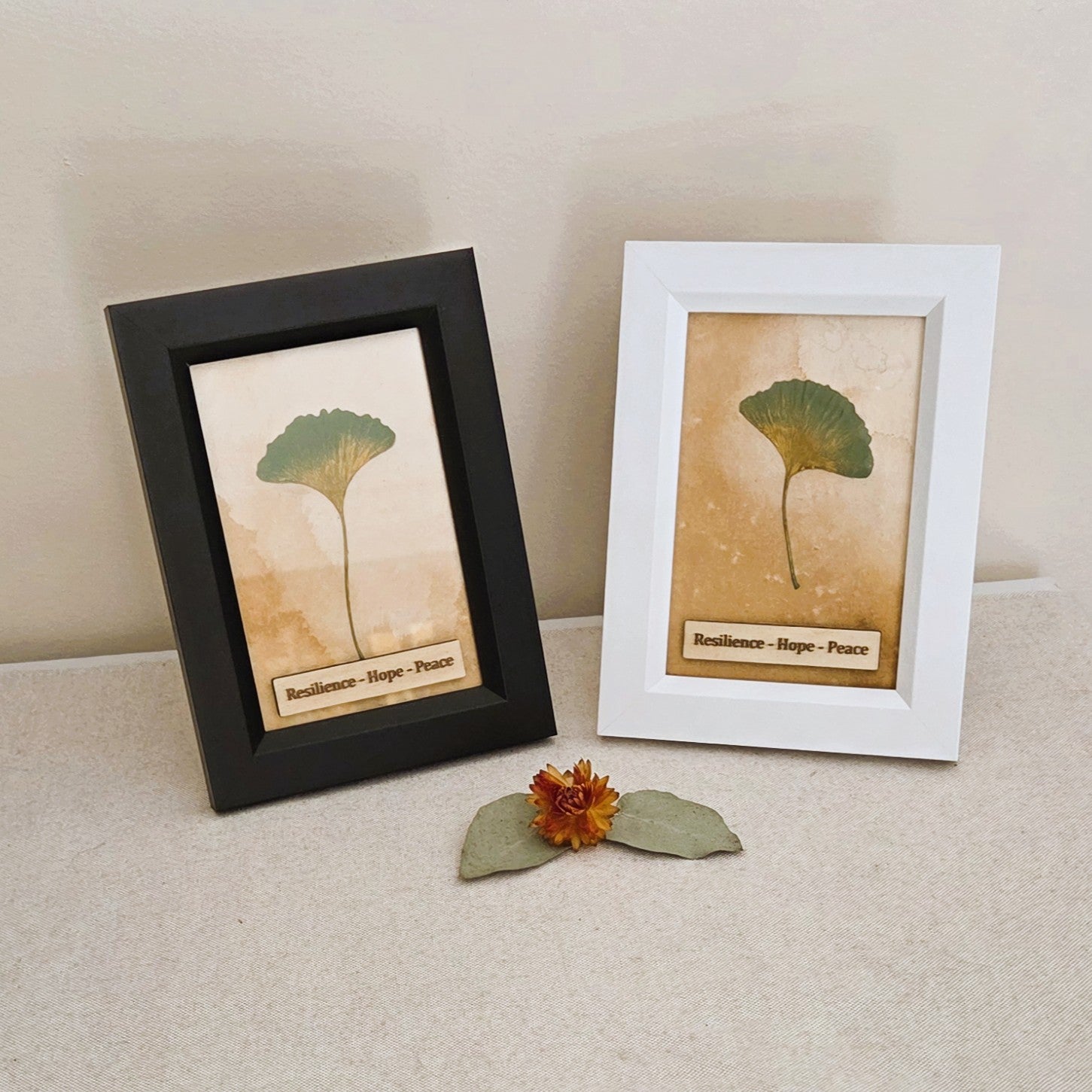 Ginkgo Leaf Art – Resilience • Hope • Peace - White Frame