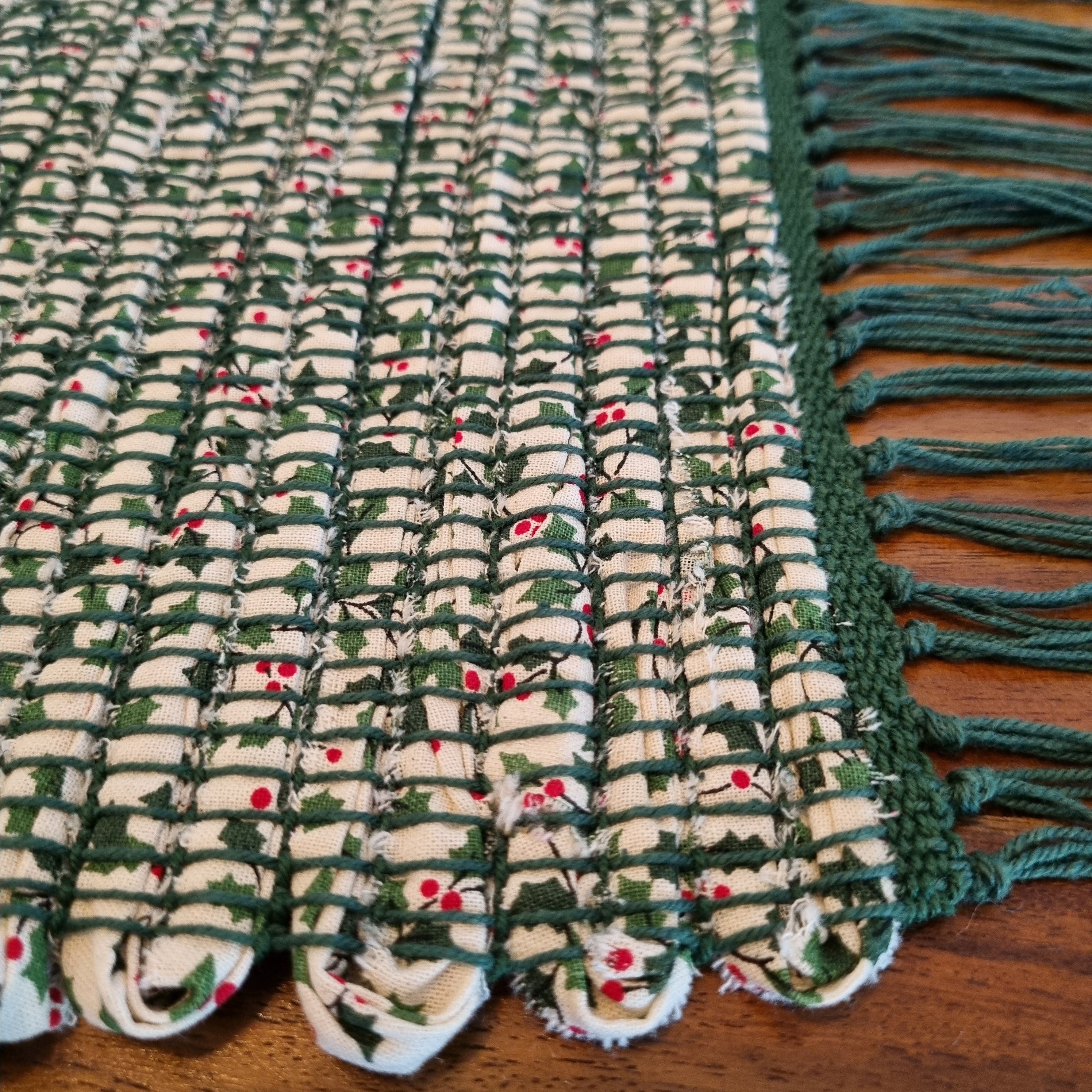 Handwoven Christmas fabric table runner holly print