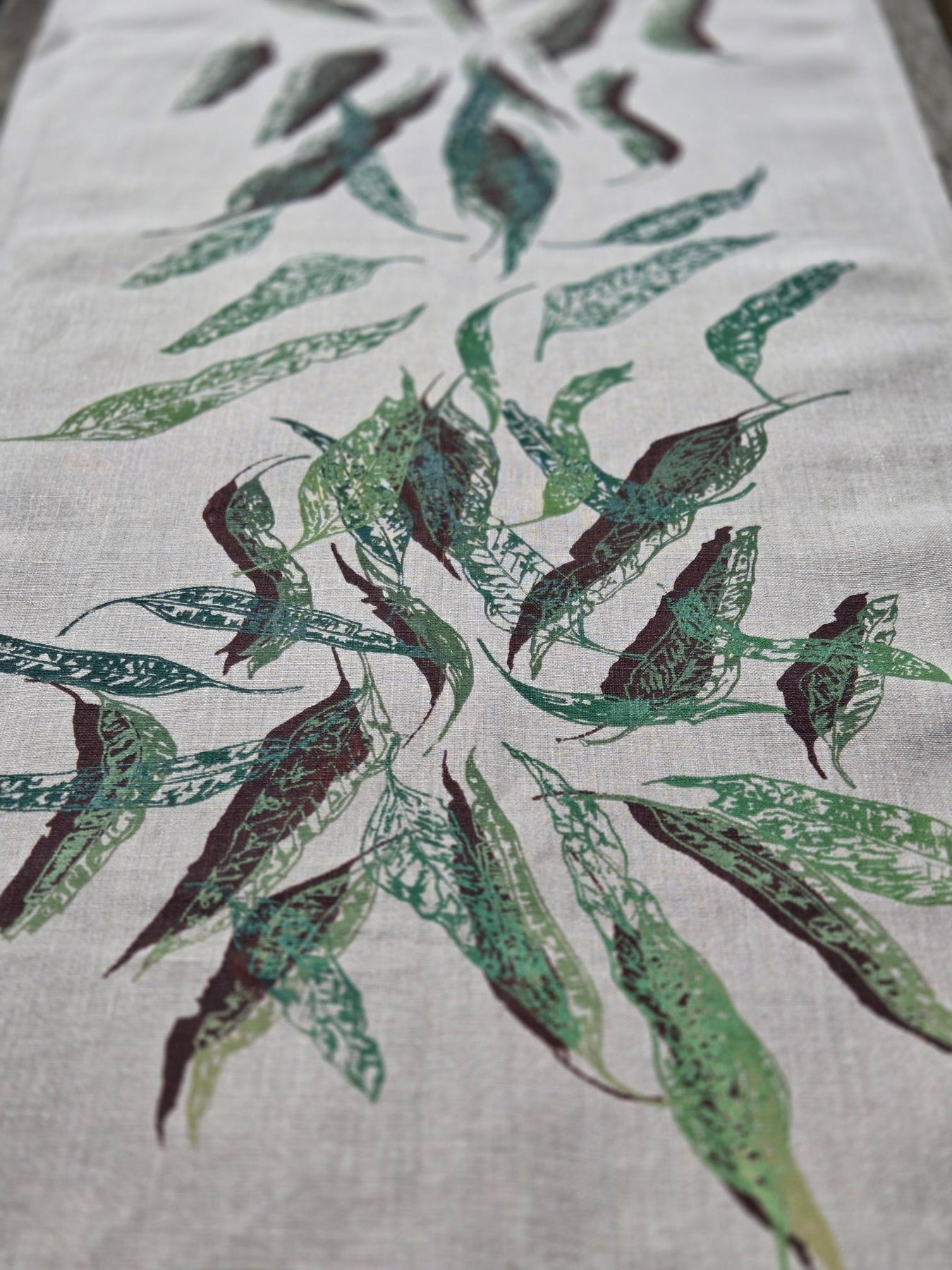 Hand Screen Printed Linen Table Runners-Eucalypt Fallen Leaves (choice of 2 colourways)