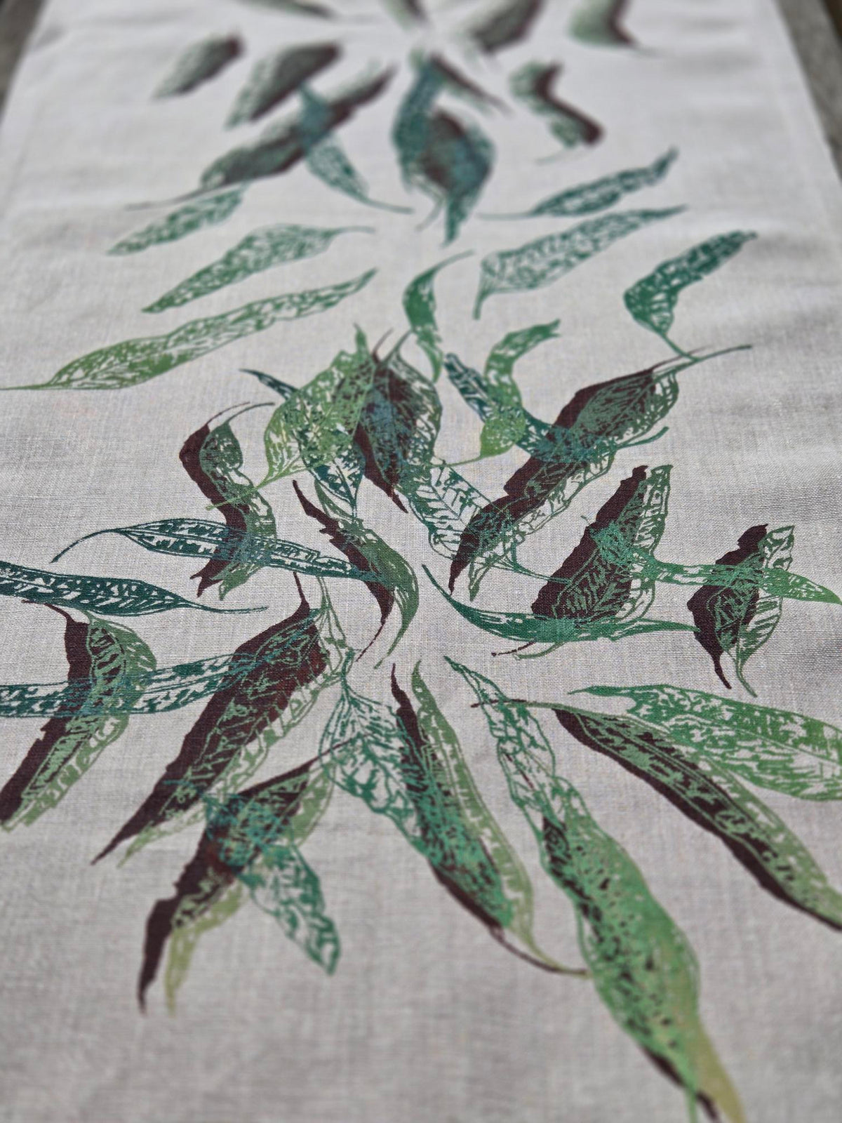 Hand Screen Printed Linen Table Runners-Eucalypt Fallen Leaves (choice of 2 colourways)