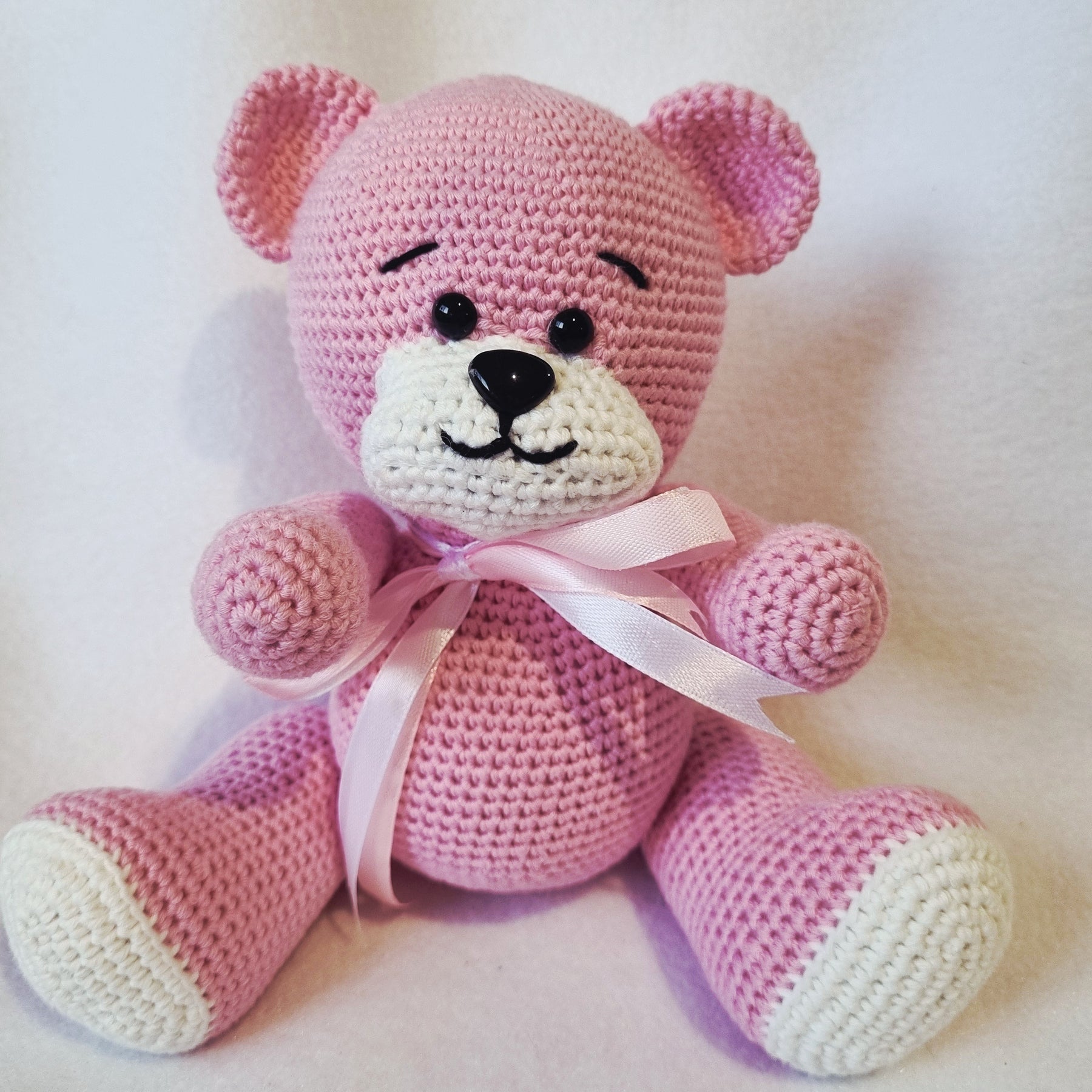 Handmade – Crochet Little Bear with Sensory Ring toy – Pink and White - BB10/2