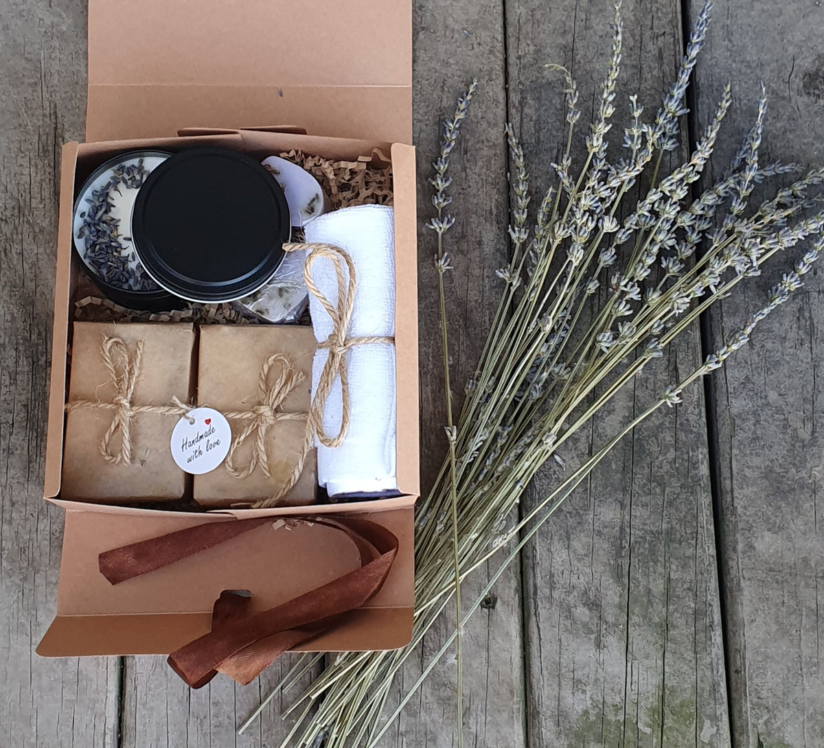 Goat Milk Soap Soy Candle Gift Set: Custom Scents, Face Towel or Dried Lavender Bundle.